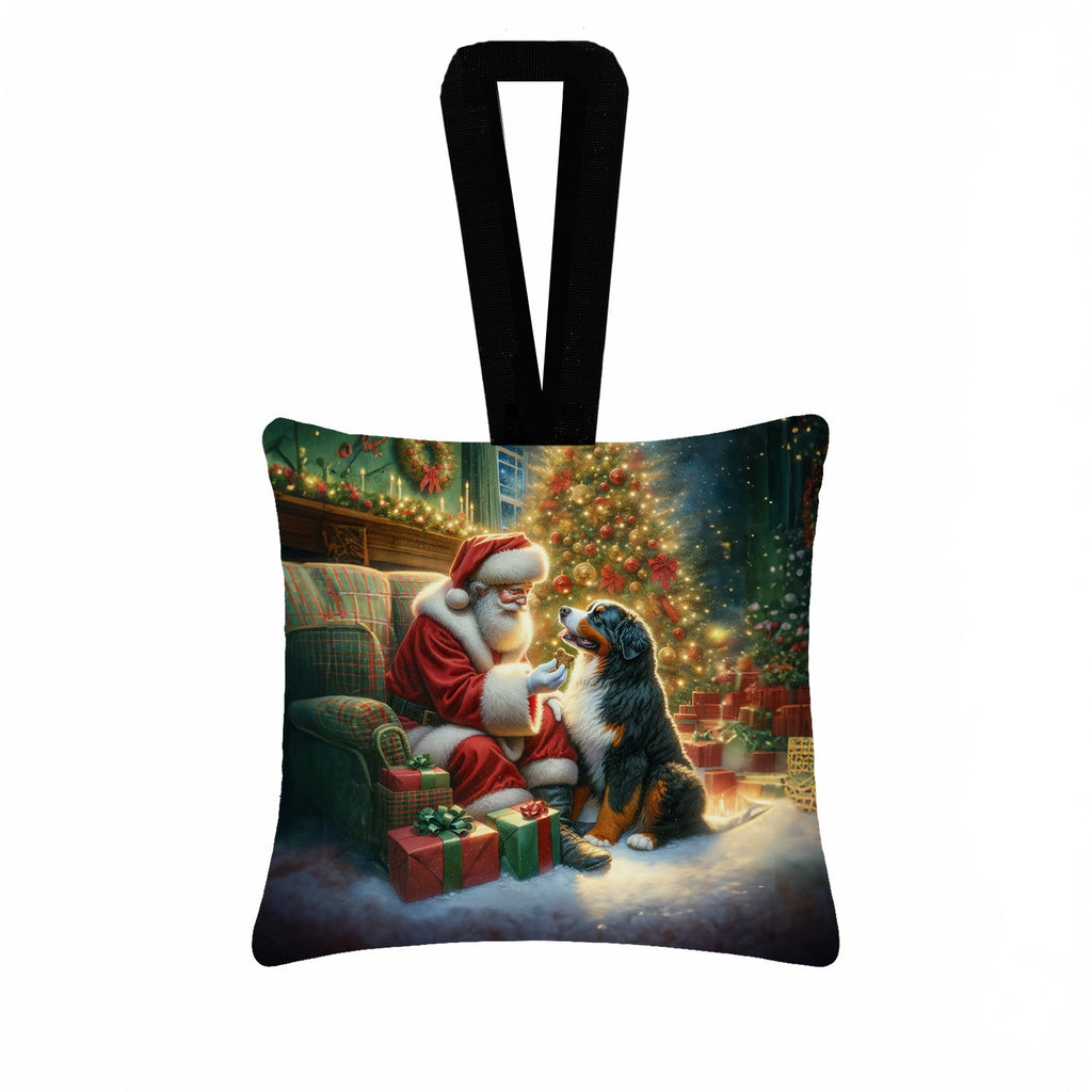 Bernese Mountain Dog and Santa Claus Hanging Square Fabric Ornament 3.5 × 3.5 Decorative Door-Knob & Tree Hanger, Soft Fabric