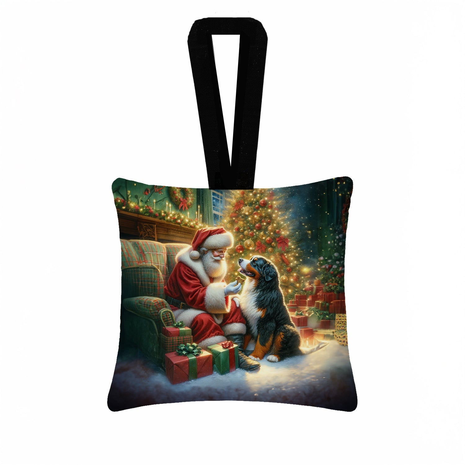 Bernese Mountain Dog and Santa Claus Hanging Square Fabric Ornament 3.5 × 3.5 Decorative Door-Knob & Tree Hanger, Soft Fabric