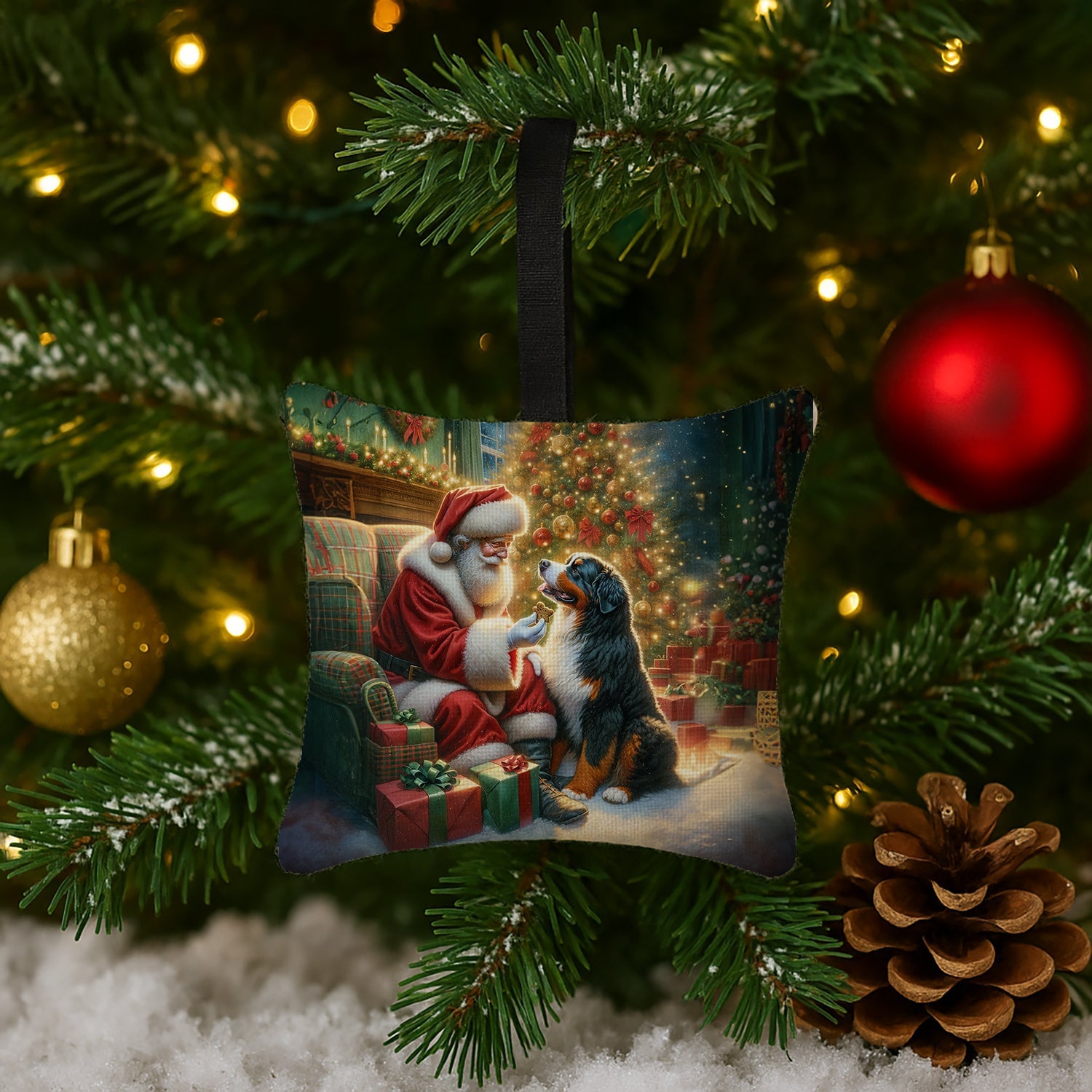 Bernese Mountain Dog and Santa Claus Hanging Square Fabric Ornament 3.5 × 3.5 Decorative Door-Knob & Tree Hanger, Soft Fabric