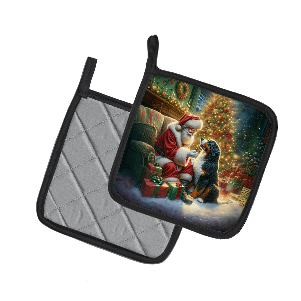 Bernese Mountain Dog and Santa Claus Pot Holder Set of 2 Heat Resistant Quilted Hot Pads 7.5 x 7.5 Inch, Insulated Kitchen Trivets for Cooking & Baking