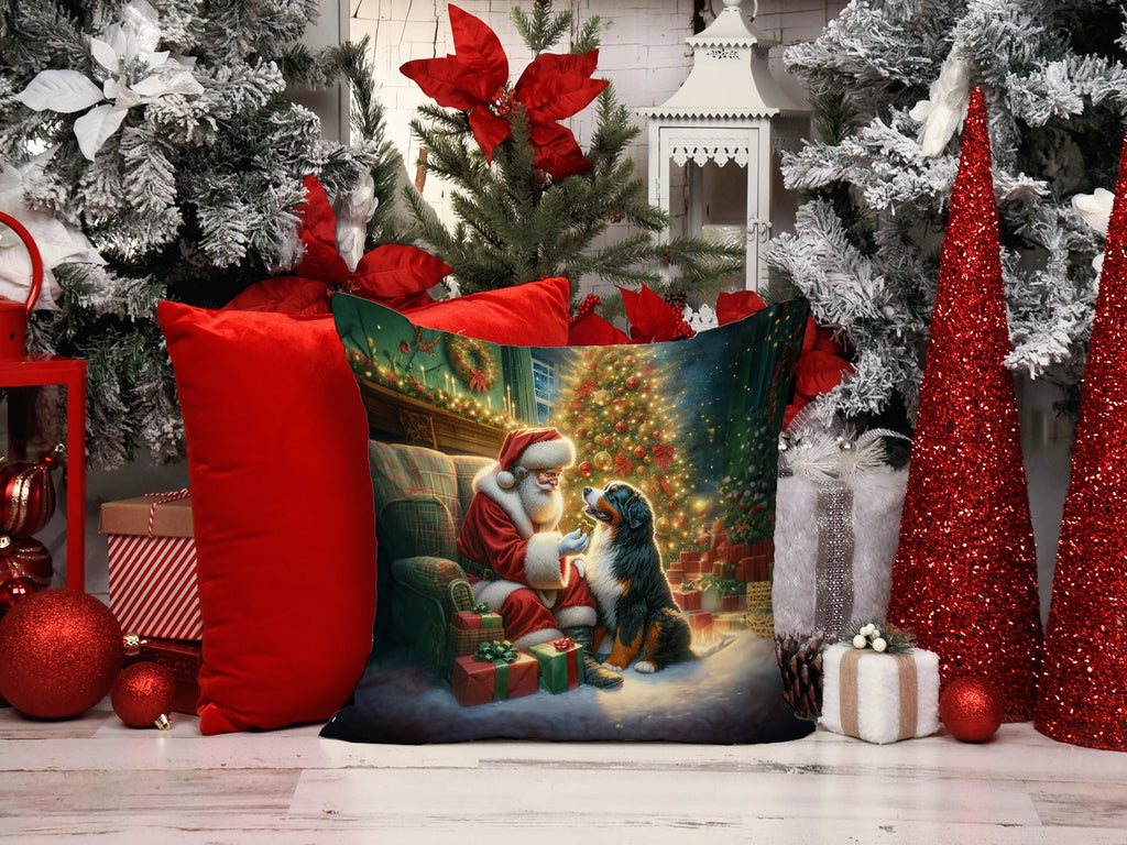 Bernese Mountain Dog and Santa Claus Decorative Throw Pillow 14x14 Indoor Outdoor Accent Cushion, Fabric Cover with Insert for Sofa, Bed, Porch & Living Room