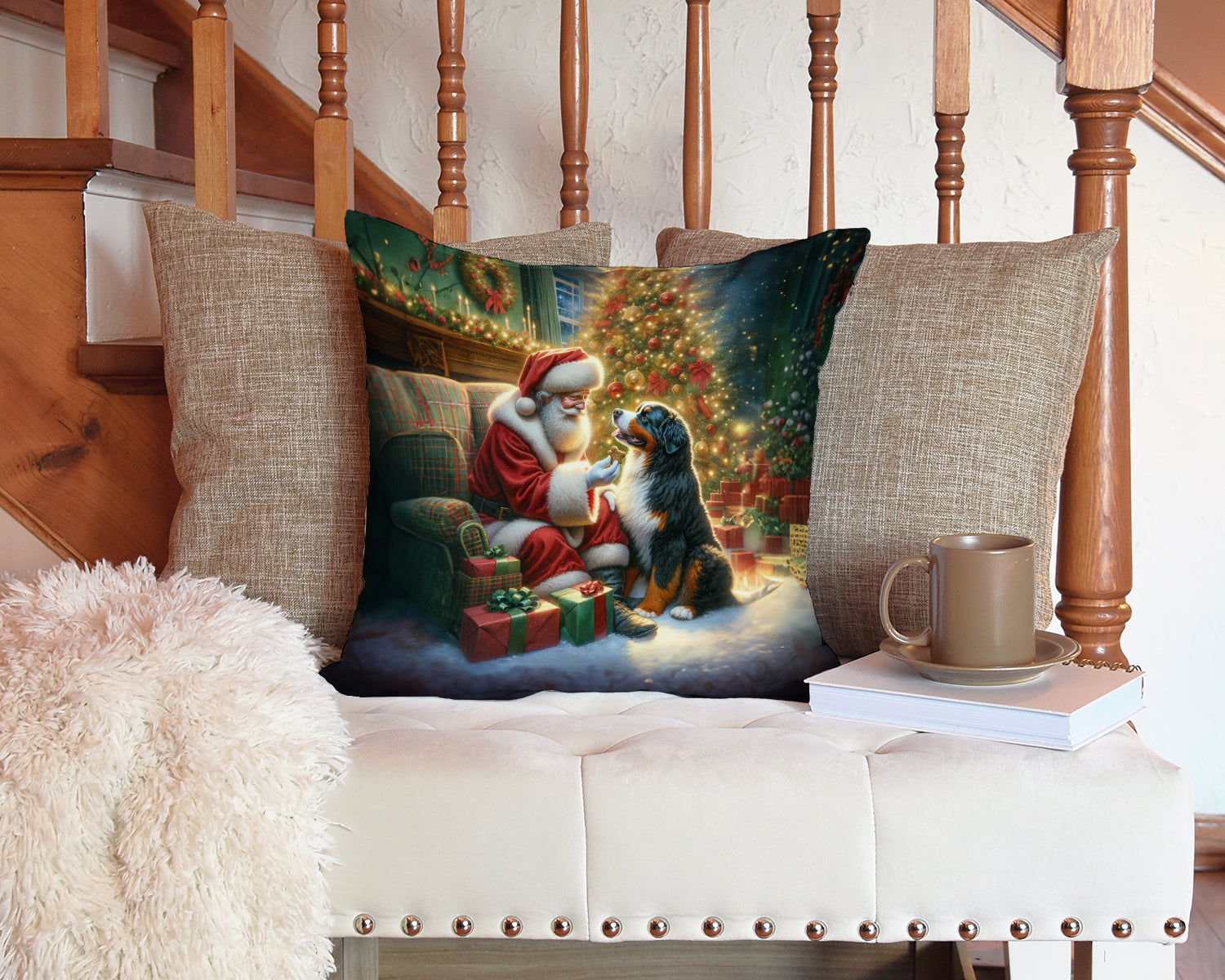 Bernese Mountain Dog and Santa Claus Decorative Throw Pillow 14x14 Indoor Outdoor Accent Cushion, Fabric Cover with Insert for Sofa, Bed, Porch & Living Room