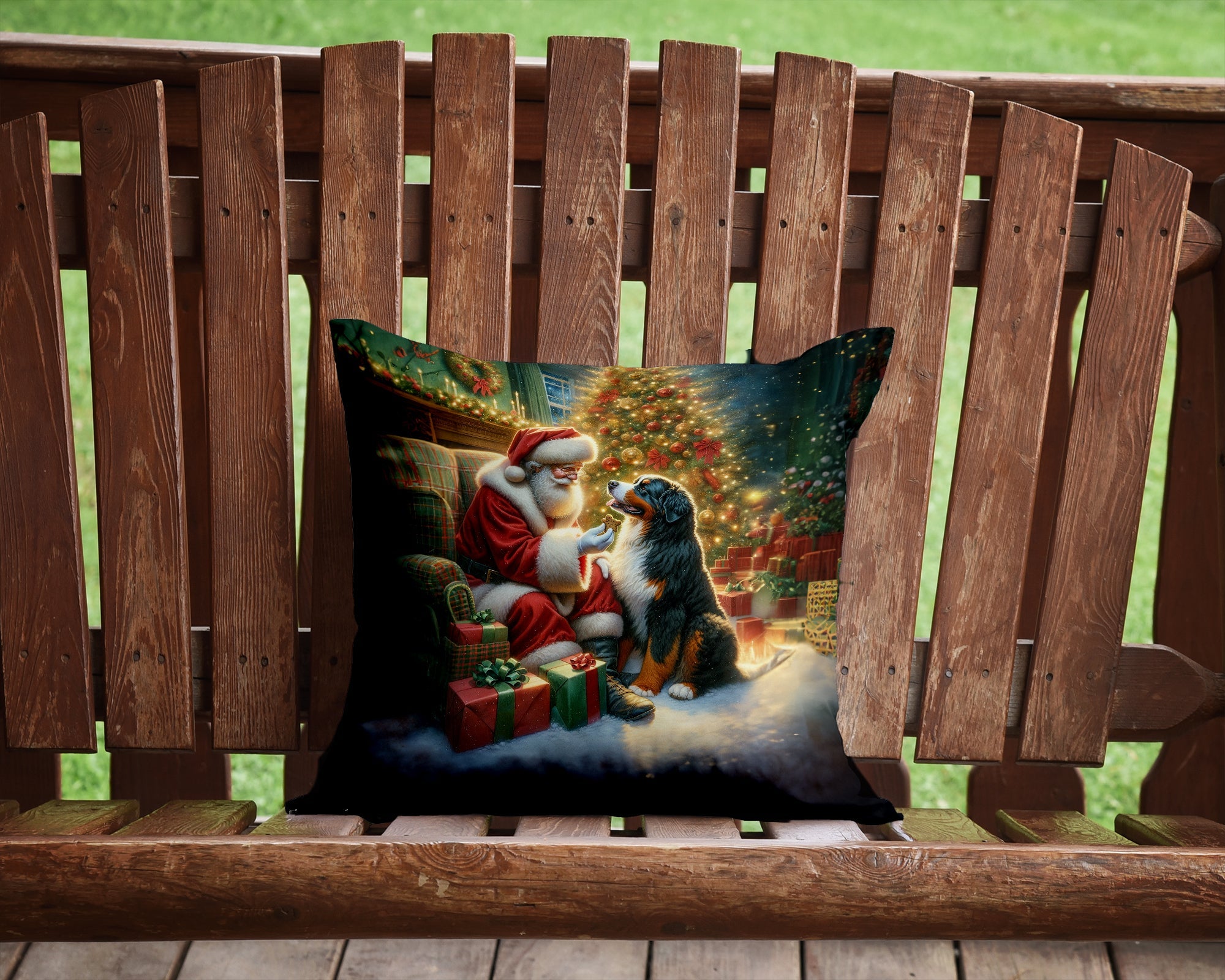 Bernese Mountain Dog and Santa Claus Decorative Throw Pillow 14x14 Indoor Outdoor Accent Cushion, Fabric Cover with Insert for Sofa, Bed, Porch & Living Room