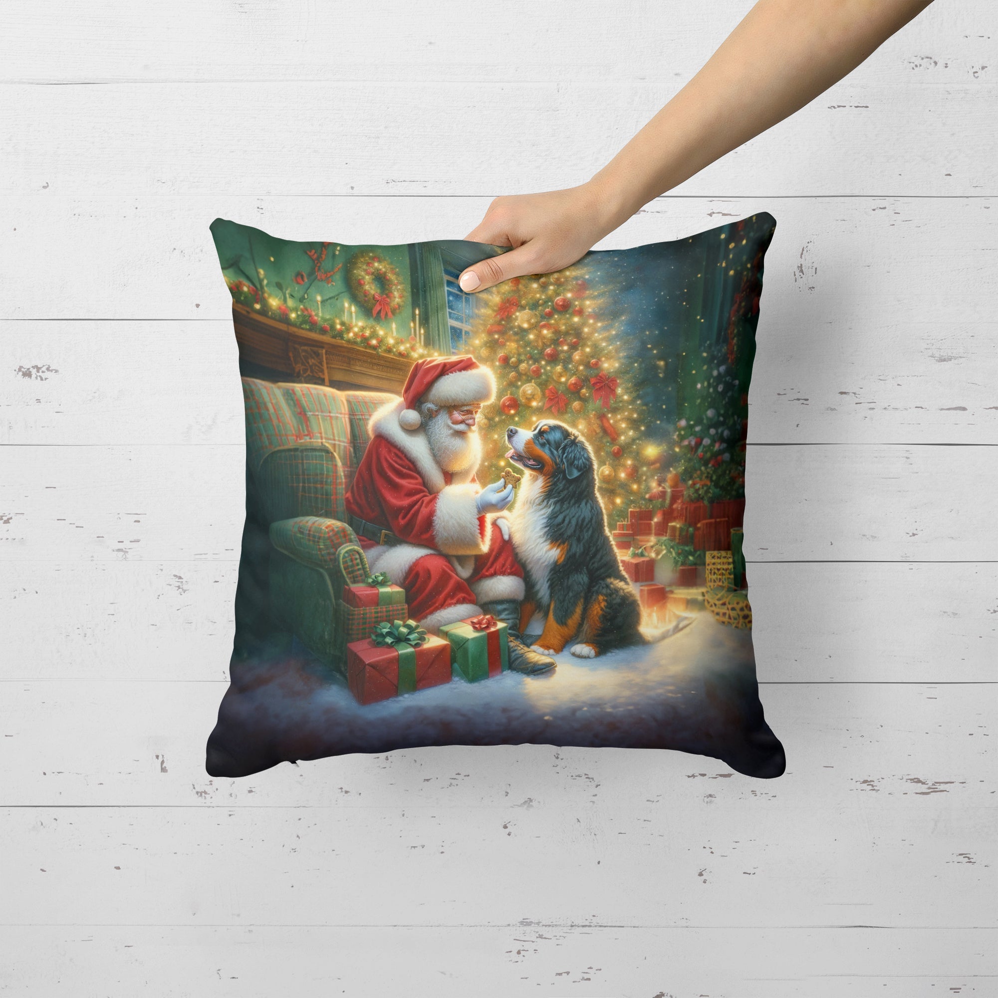 Bernese Mountain Dog and Santa Claus Decorative Throw Pillow 18x18 Indoor Outdoor Accent Cushion, Fabric Cover with Insert for Sofa, Bed, Porch & Living Room