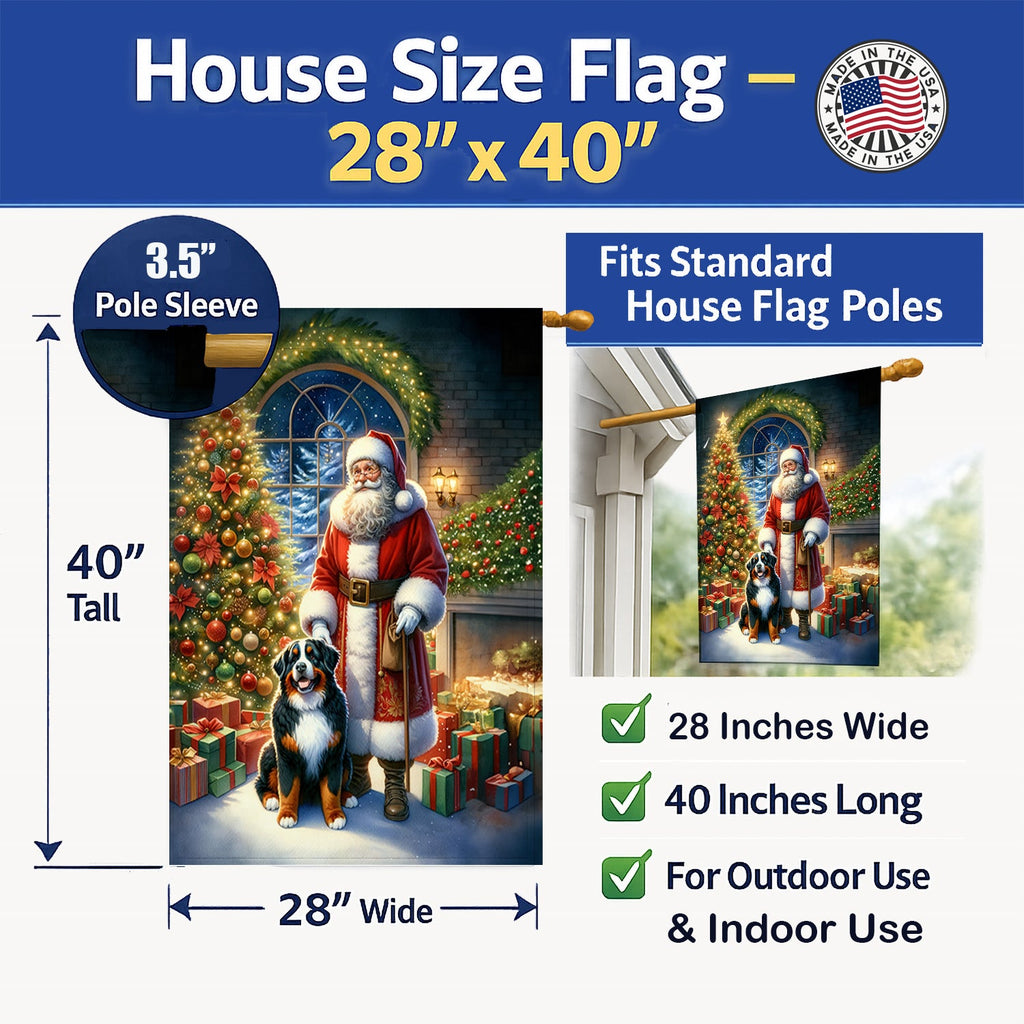 Bernese Mountain Dog and Santa Claus House Flag 28x40 Porch Sleeve Pole Decorative Outside Yard Banner Artwork Wall Hanging, Polyester
