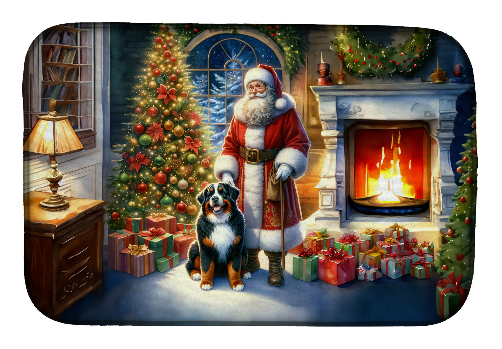 Bernese Mountain Dog and Santa Claus Dish Drying Mat Absorbent Dish Drying Mat Pad for Kitchen Counter Dish Drainer Mat for Countertop, 14 x 21", Multicolor