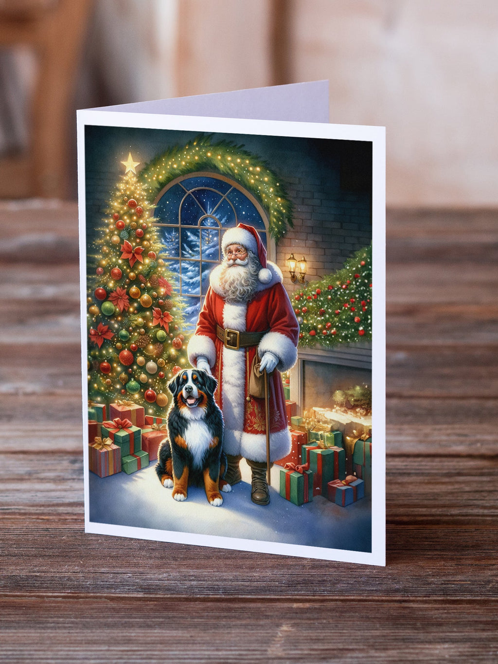 Bernese Mountain Dog and Santa Claus Greeting Cards Pack of 8 Blank Cards with Envelopes Whimsical A7 Size 5x7