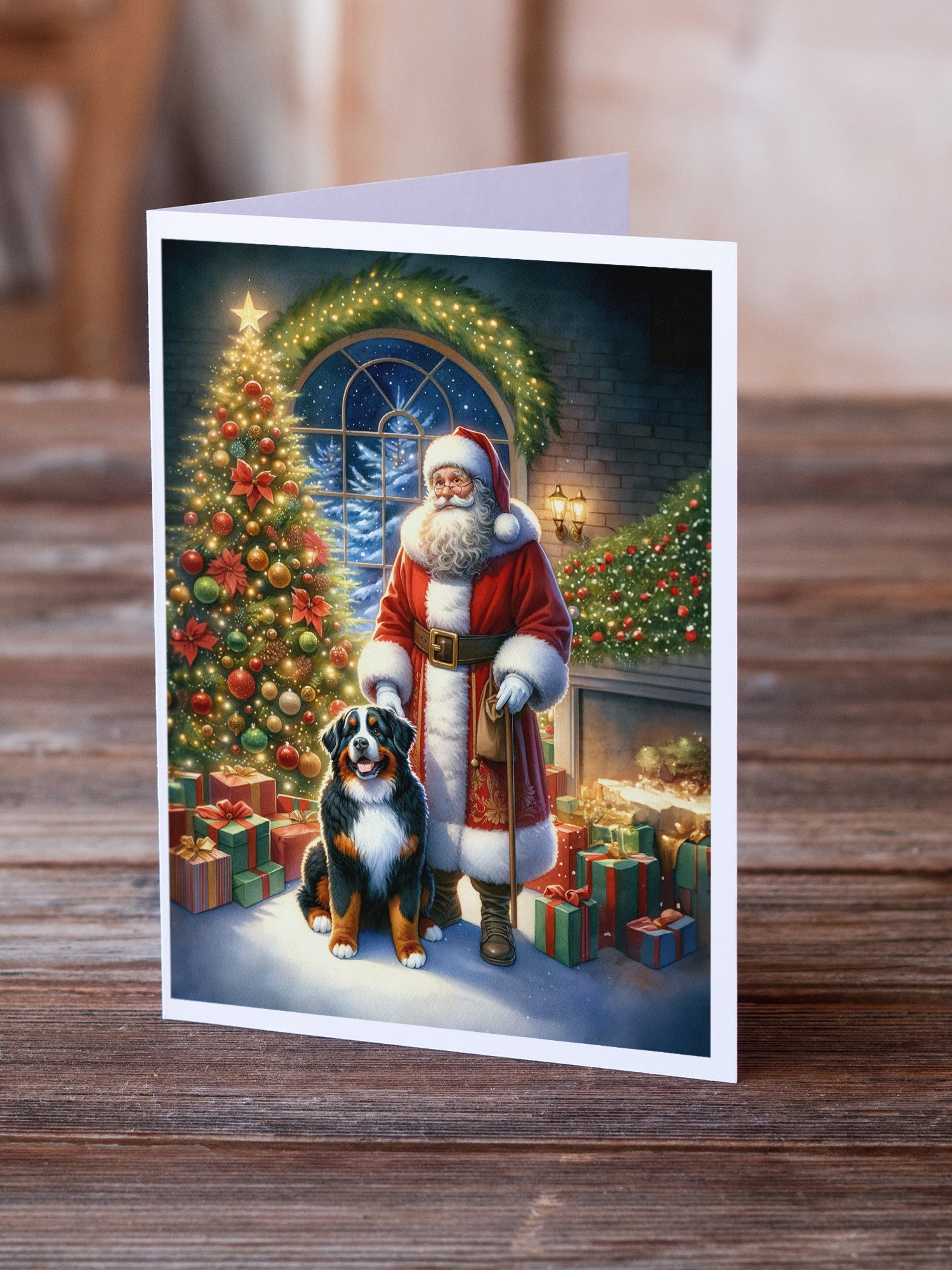 Bernese Mountain Dog and Santa Claus Greeting Cards Pack of 8 Blank Cards with Envelopes Whimsical A7 Size 5x7