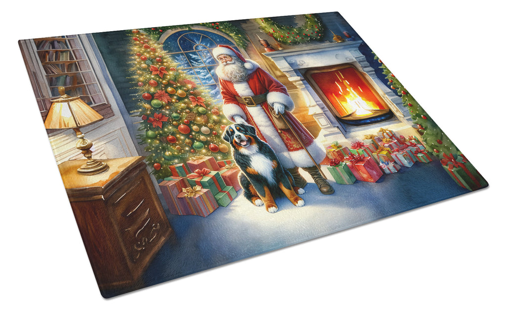 Bernese Mountain Dog and Santa Claus Cutting Board Tempered Glass Kitchen Cutting Surface, Heat Resistant Chopping, Non-Slip Feet, Food Prep & Serving