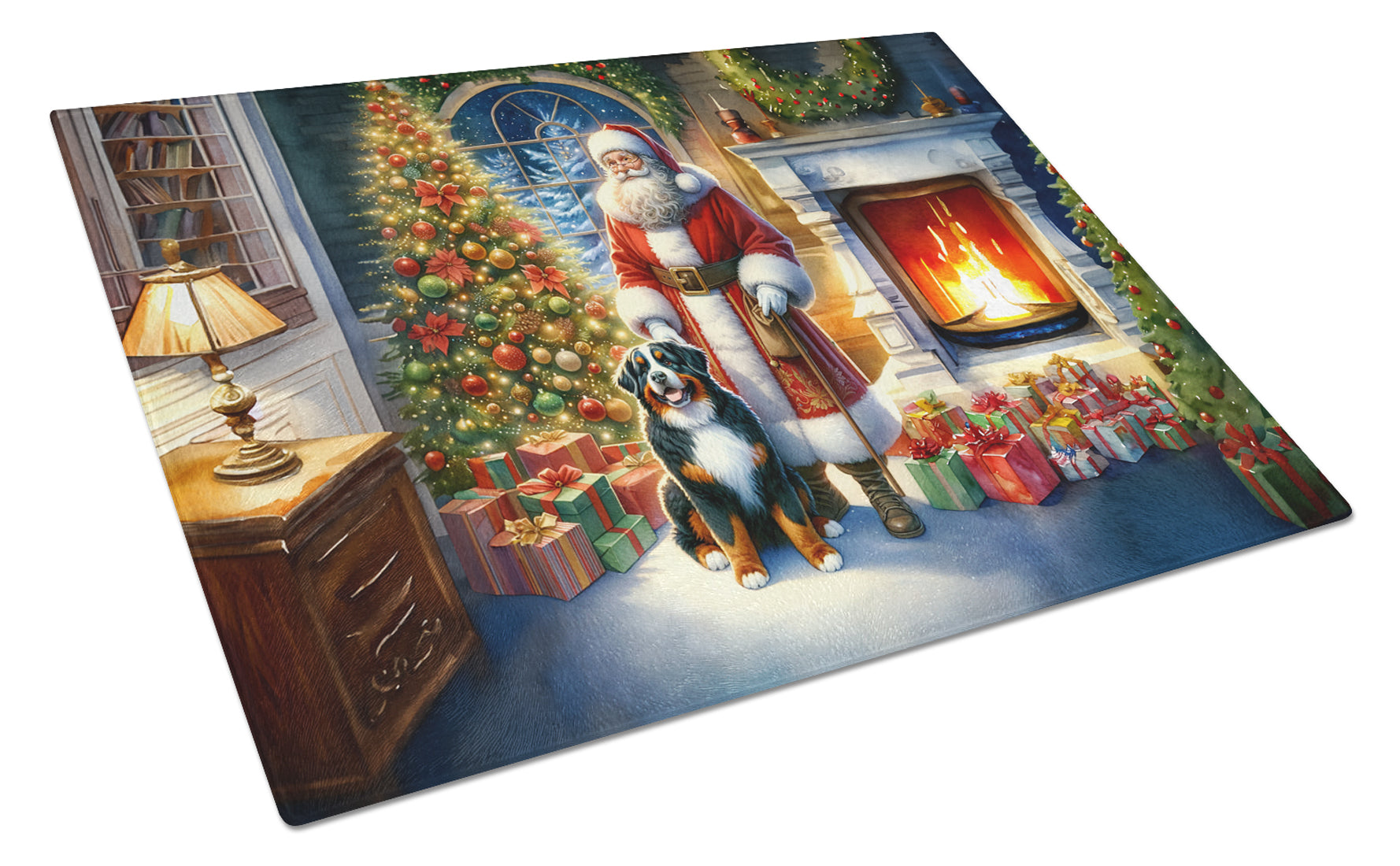 Bernese Mountain Dog and Santa Claus Cutting Board Tempered Glass Kitchen Cutting Surface, Heat Resistant Chopping, Non-Slip Feet, Food Prep & Serving