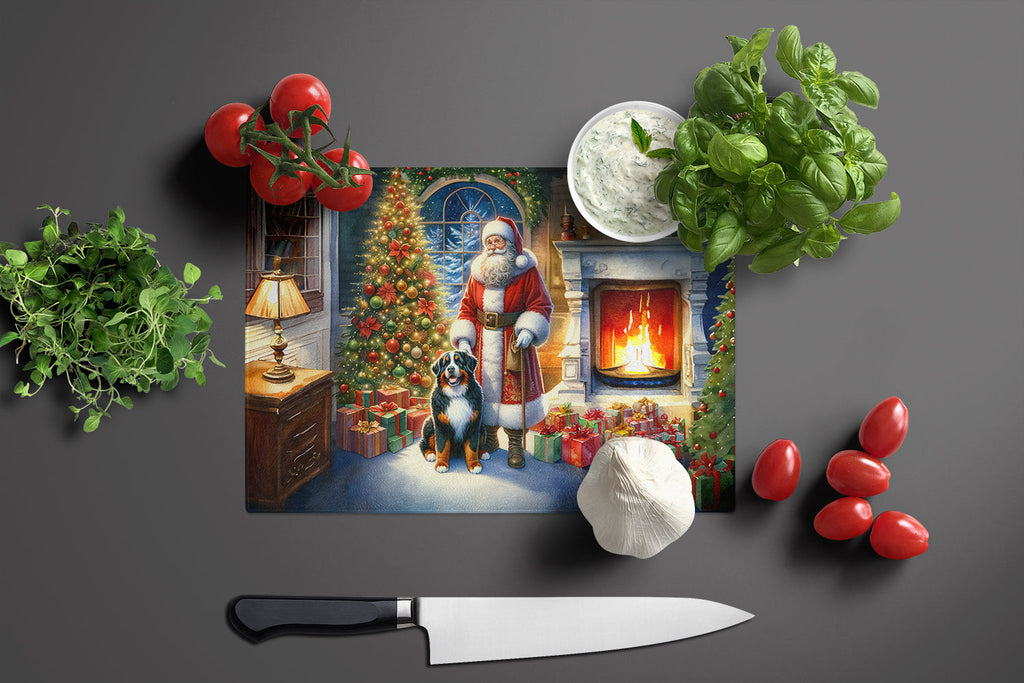 Bernese Mountain Dog and Santa Claus Cutting Board Tempered Glass Kitchen Cutting Surface, Heat Resistant Chopping, Non-Slip Feet, Food Prep & Serving