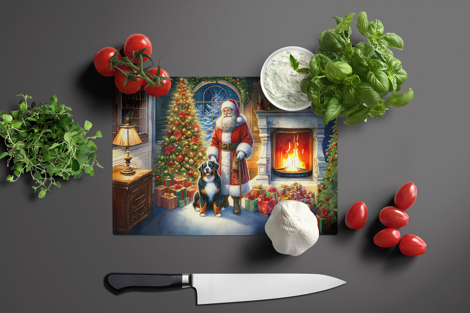 Bernese Mountain Dog and Santa Claus Cutting Board Tempered Glass Kitchen Cutting Surface, Heat Resistant Chopping, Non-Slip Feet, Food Prep & Serving