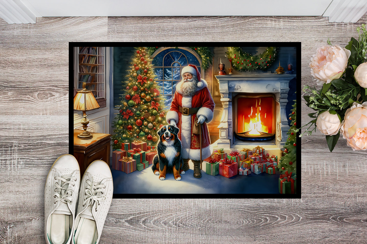 Bernese Mountain Dog and Santa Claus Doormat Indoor Outdoor 18H X 27W Front Door Mat Rugs for Entryway, Non Slip Washable