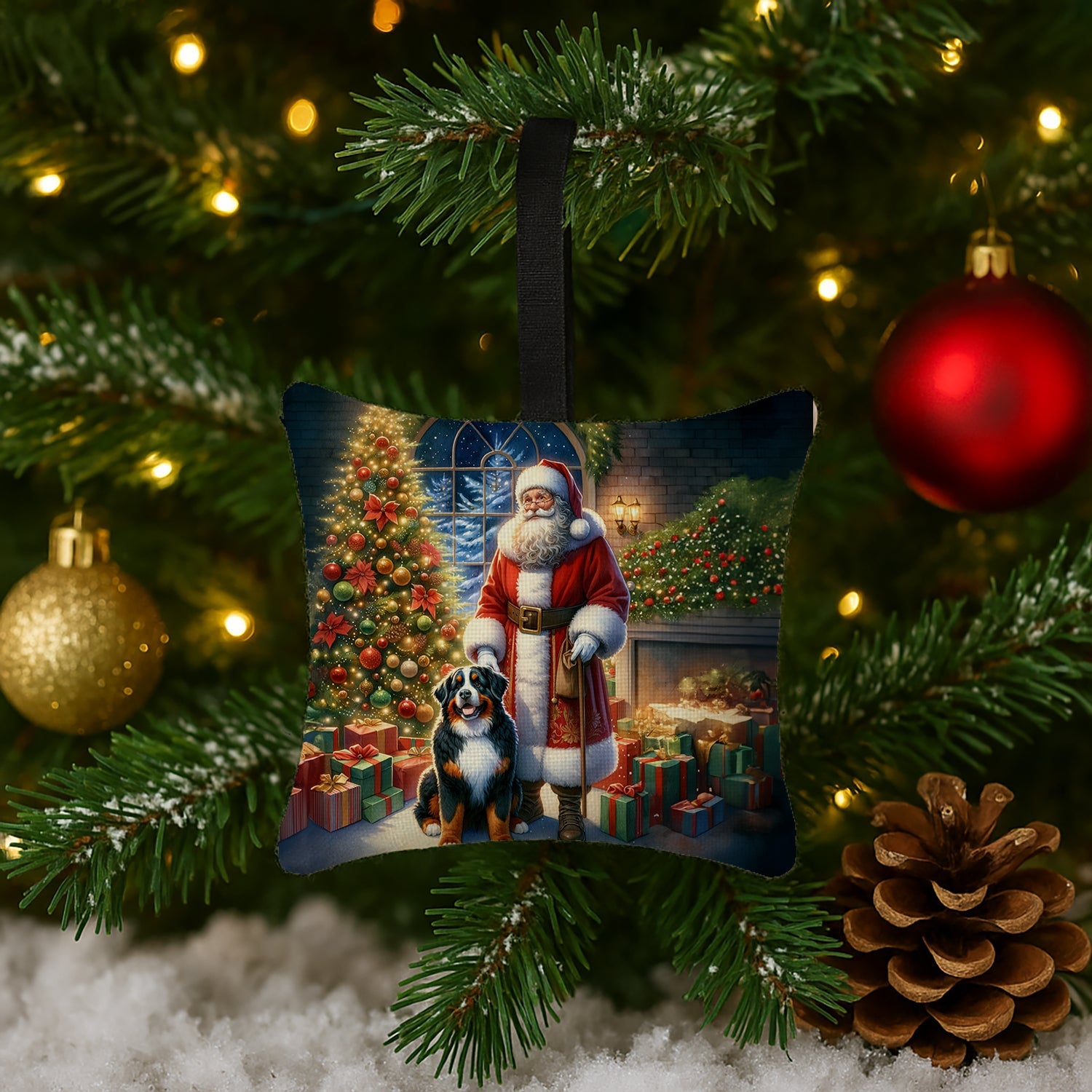 Bernese Mountain Dog and Santa Claus Hanging Square Fabric Ornament 3.5 × 3.5 Decorative Door-Knob & Tree Hanger, Soft Fabric