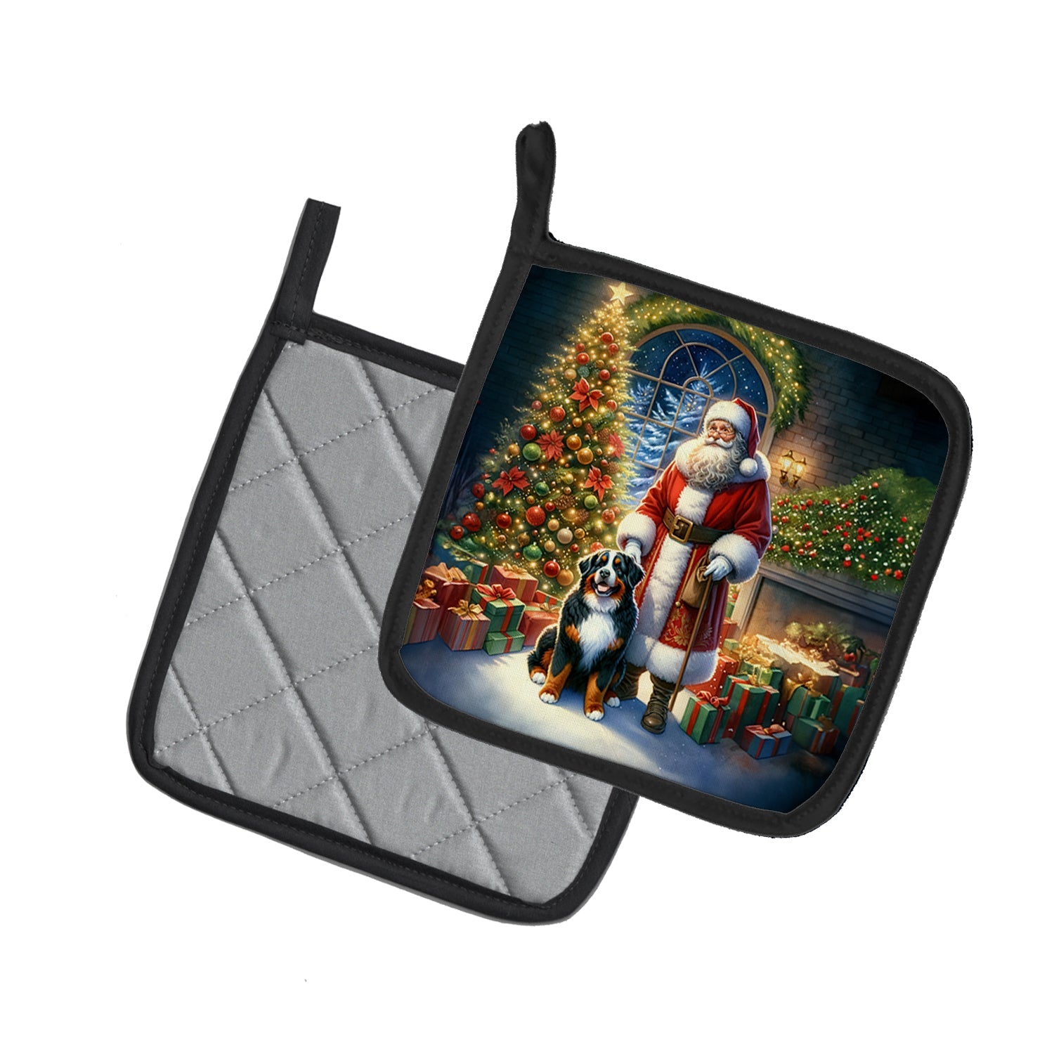 Bernese Mountain Dog and Santa Claus Pot Holder Set of 2 Heat Resistant Quilted Hot Pads 7.5 x 7.5 Inch, Insulated Kitchen Trivets for Cooking & Baking