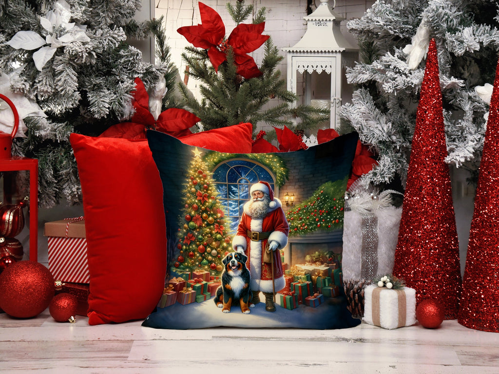 Bernese Mountain Dog and Santa Claus Decorative Throw Pillow 14x14 Indoor Outdoor Accent Cushion, Fabric Cover with Insert for Sofa, Bed, Porch & Living Room