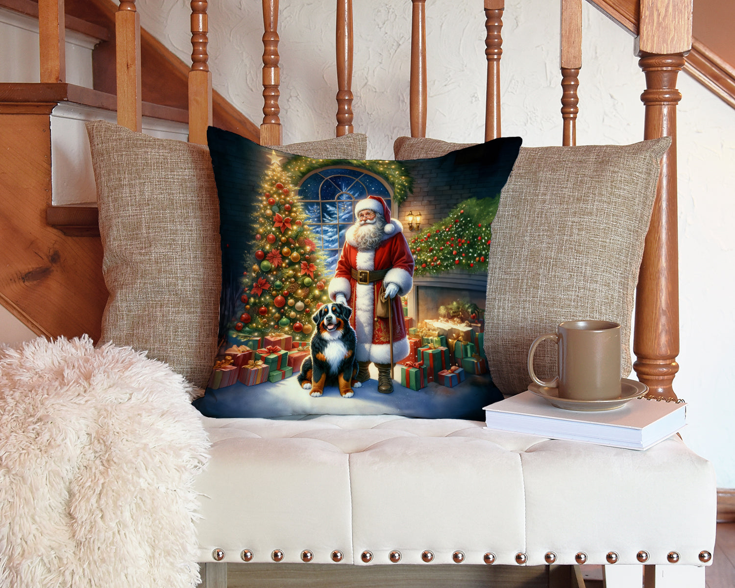 Bernese Mountain Dog and Santa Claus Decorative Throw Pillow 14x14 Indoor Outdoor Accent Cushion, Fabric Cover with Insert for Sofa, Bed, Porch & Living Room