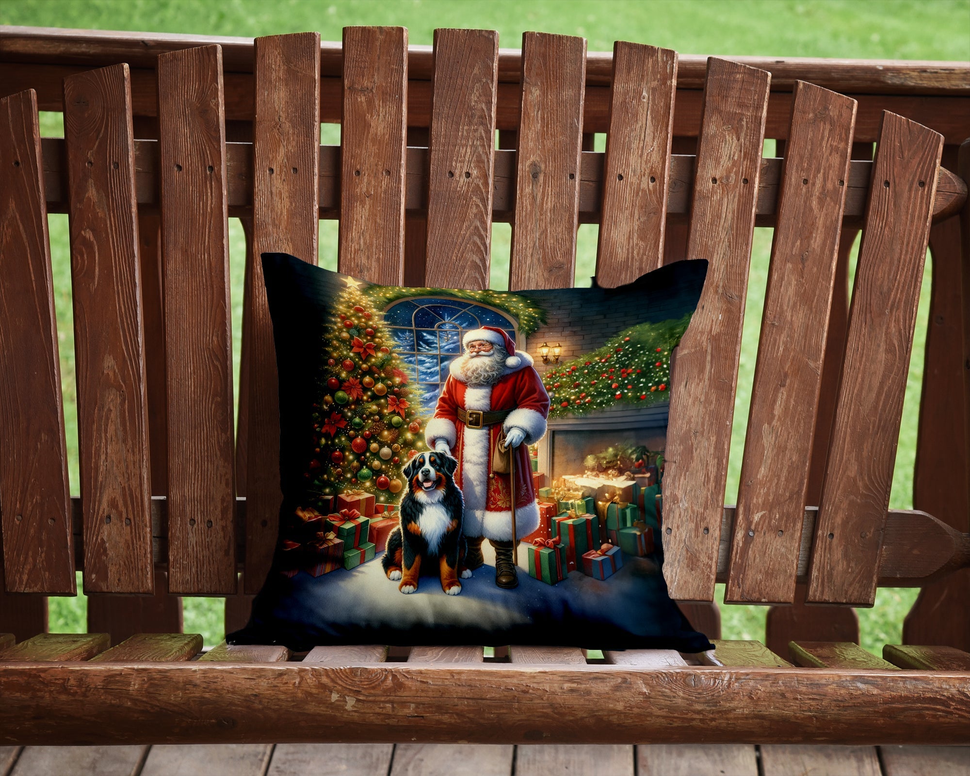 Bernese Mountain Dog and Santa Claus Decorative Throw Pillow 14x14 Indoor Outdoor Accent Cushion, Fabric Cover with Insert for Sofa, Bed, Porch & Living Room