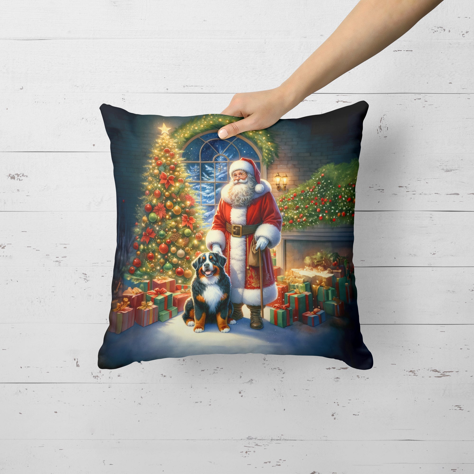 Bernese Mountain Dog and Santa Claus Decorative Throw Pillow 18x18 Indoor Outdoor Accent Cushion, Fabric Cover with Insert for Sofa, Bed, Porch & Living Room