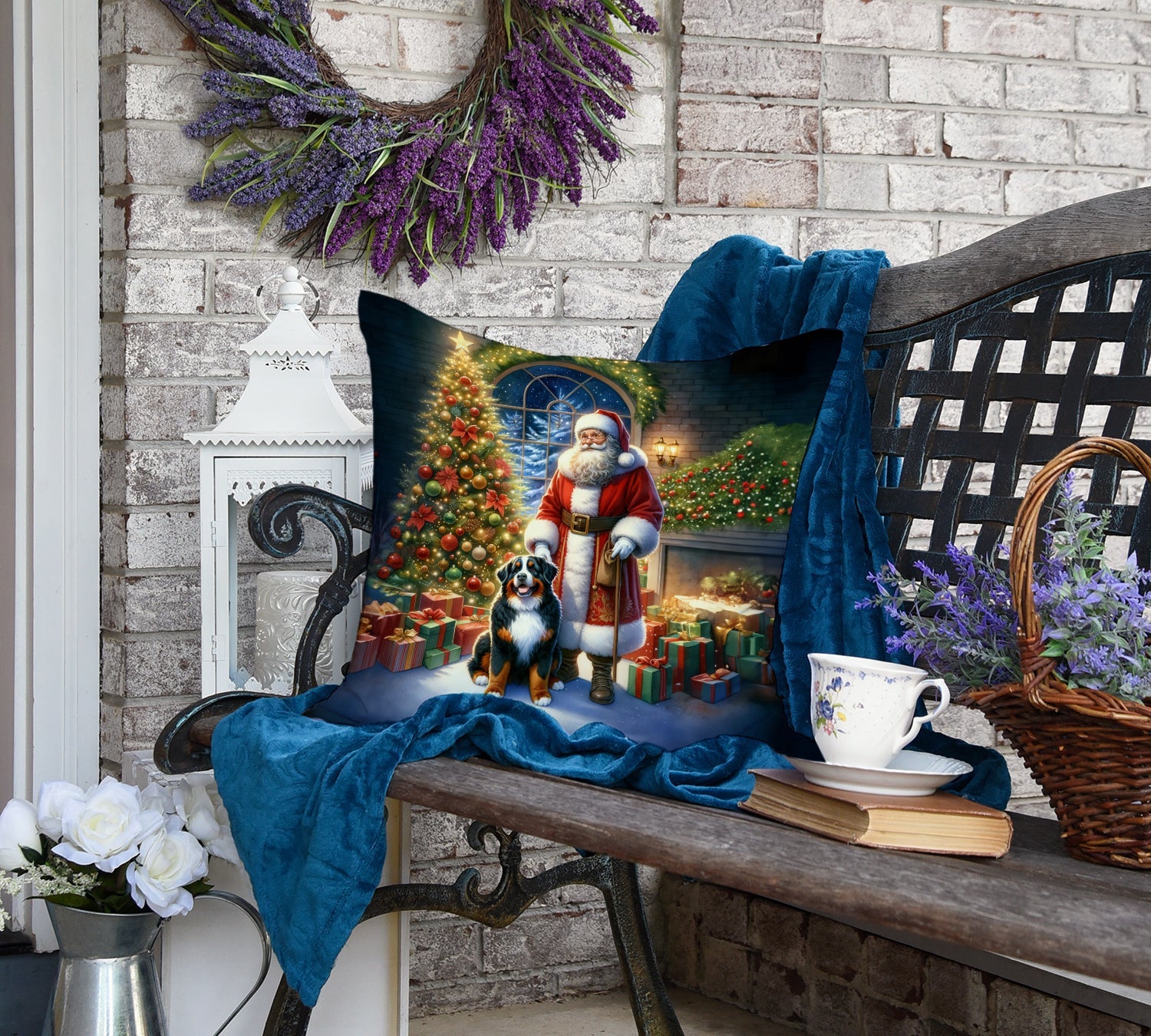 Bernese Mountain Dog and Santa Claus Decorative Throw Pillow 18x18 Indoor Outdoor Accent Cushion, Fabric Cover with Insert for Sofa, Bed, Porch & Living Room