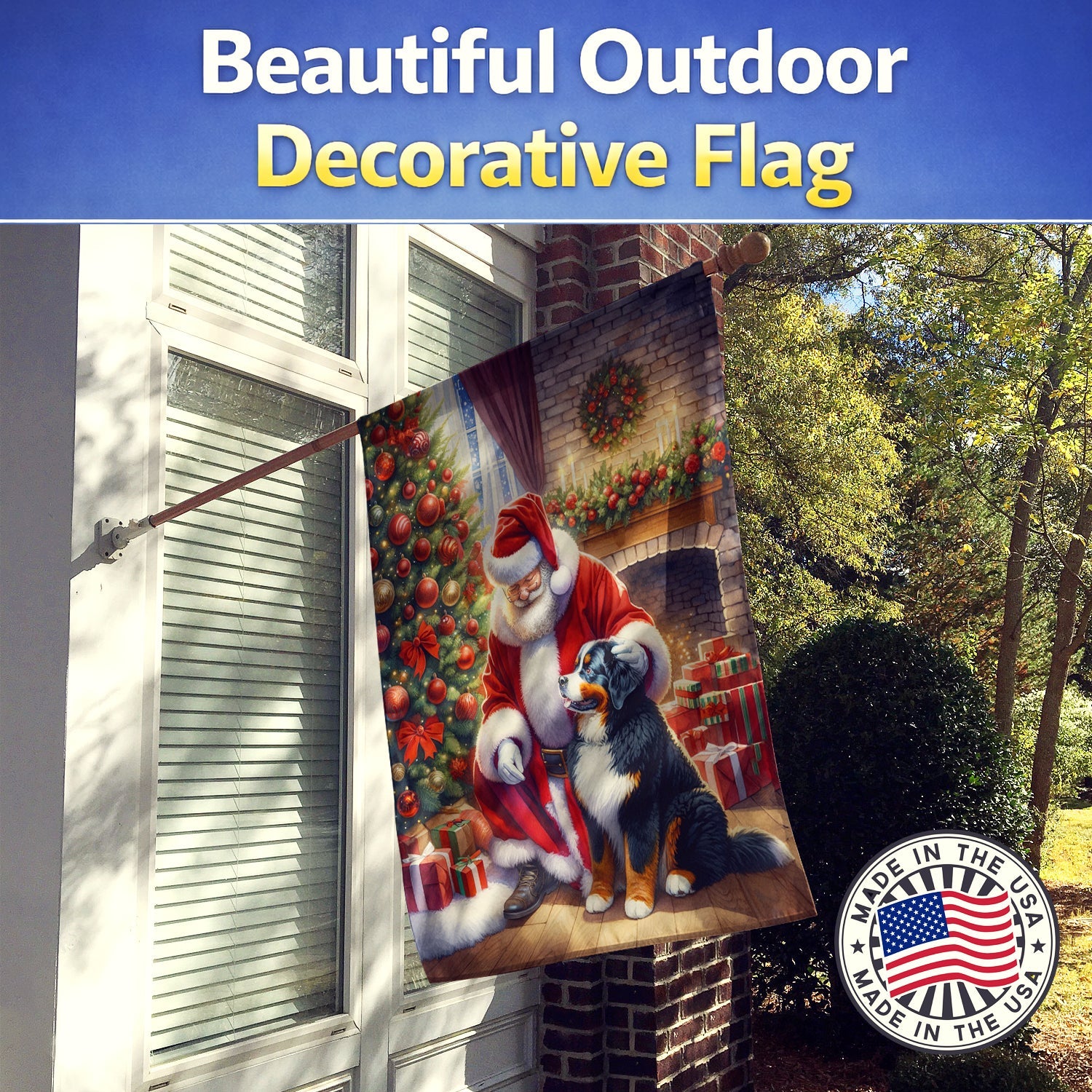 Bernese Mountain Dog and Santa Claus House Flag 28x40 Porch Sleeve Pole Decorative Outside Yard Banner Artwork Wall Hanging, Polyester