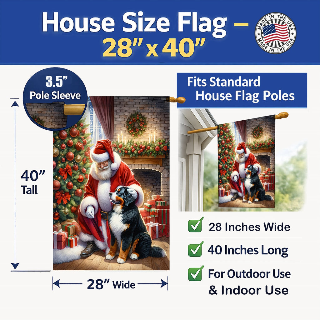 Bernese Mountain Dog and Santa Claus House Flag 28x40 Porch Sleeve Pole Decorative Outside Yard Banner Artwork Wall Hanging, Polyester