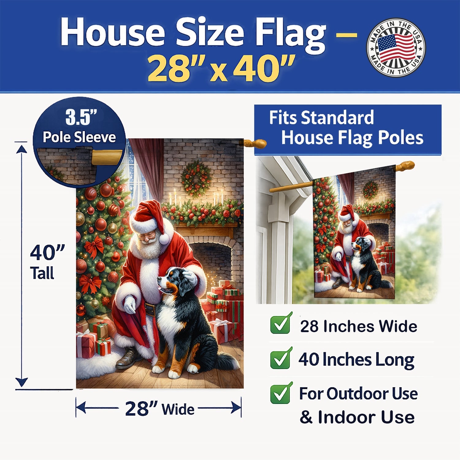 Bernese Mountain Dog and Santa Claus House Flag 28x40 Porch Sleeve Pole Decorative Outside Yard Banner Artwork Wall Hanging, Polyester