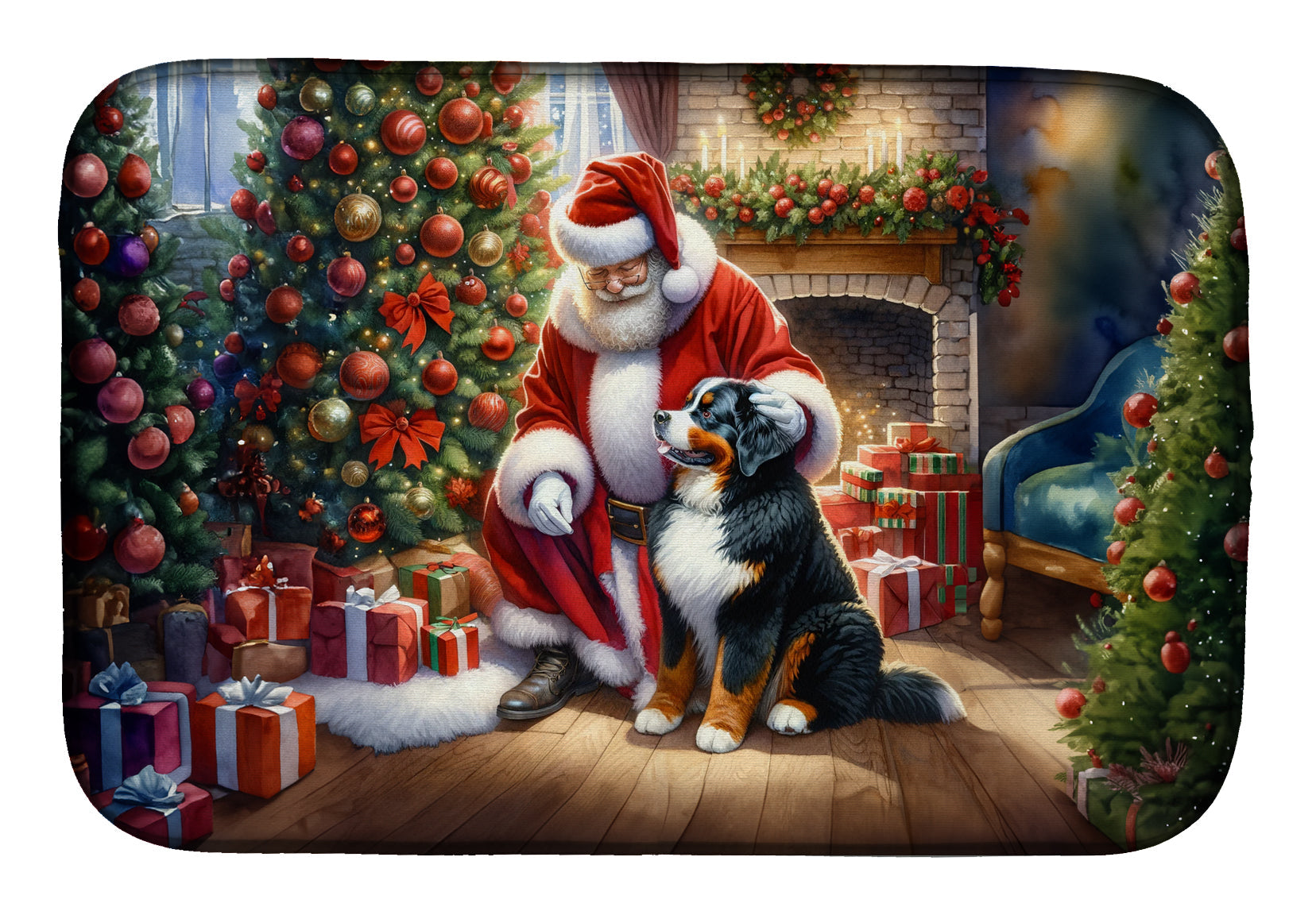 Bernese Mountain Dog and Santa Claus Dish Drying Mat Absorbent Dish Drying Mat Pad for Kitchen Counter Dish Drainer Mat for Countertop, 14 x 21", Multicolor
