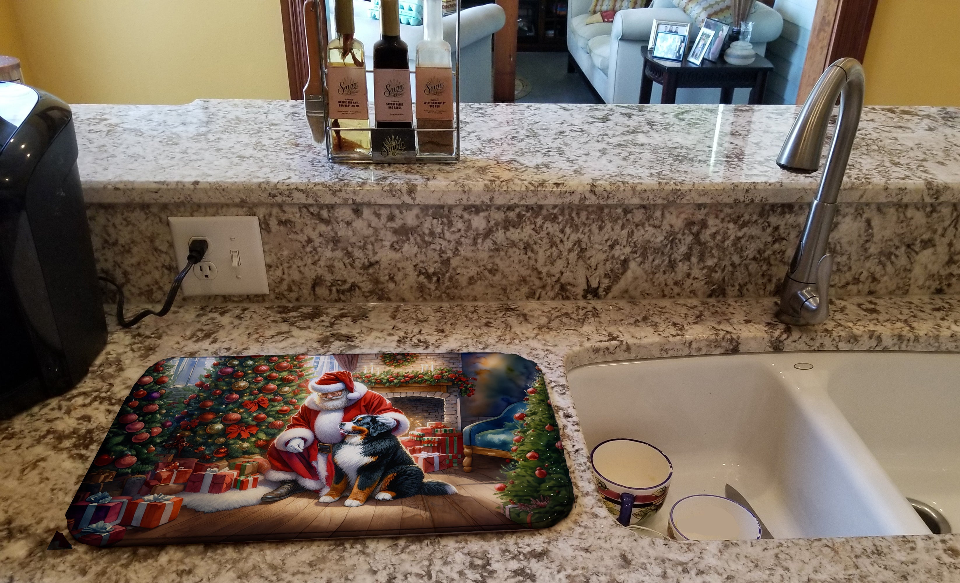 Bernese Mountain Dog and Santa Claus Dish Drying Mat Absorbent Dish Drying Mat Pad for Kitchen Counter Dish Drainer Mat for Countertop, 14 x 21", Multicolor