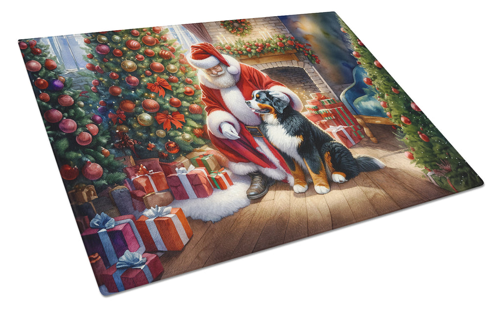 Bernese Mountain Dog and Santa Claus Cutting Board Tempered Glass Kitchen Cutting Surface, Heat Resistant Chopping, Non-Slip Feet, Food Prep & Serving