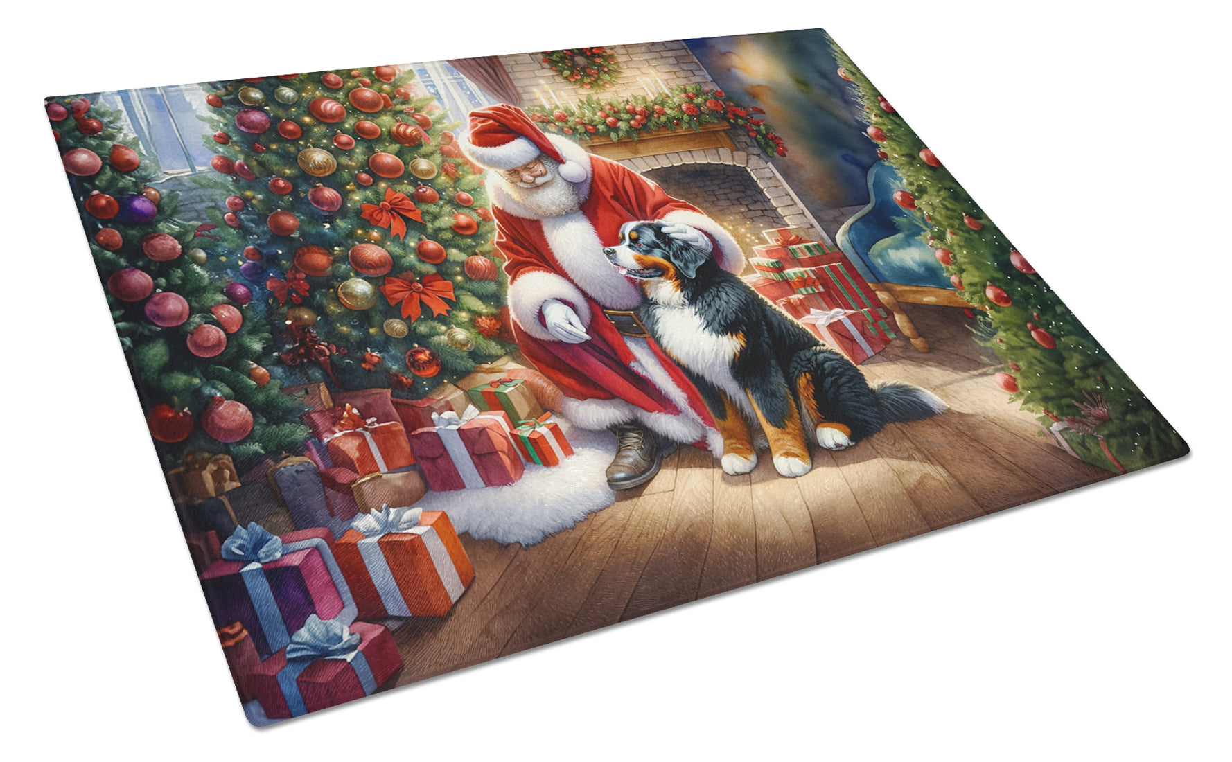 Bernese Mountain Dog and Santa Claus Cutting Board Tempered Glass Kitchen Cutting Surface, Heat Resistant Chopping, Non-Slip Feet, Food Prep & Serving