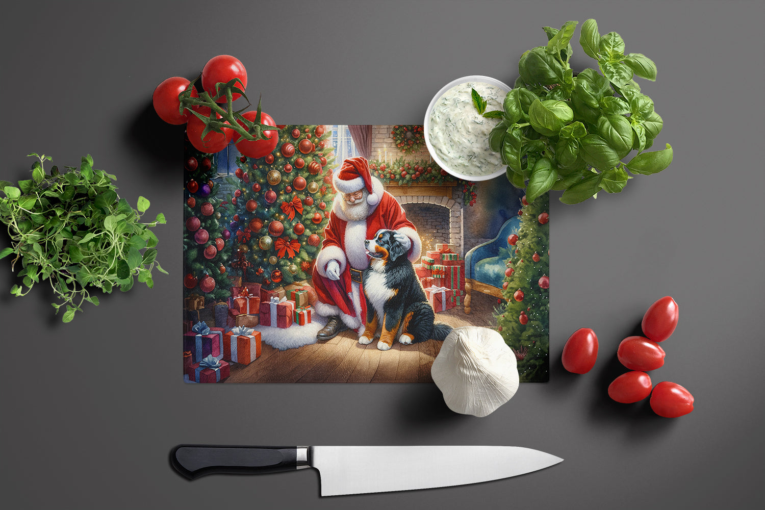 Bernese Mountain Dog and Santa Claus Cutting Board Tempered Glass Kitchen Cutting Surface, Heat Resistant Chopping, Non-Slip Feet, Food Prep & Serving