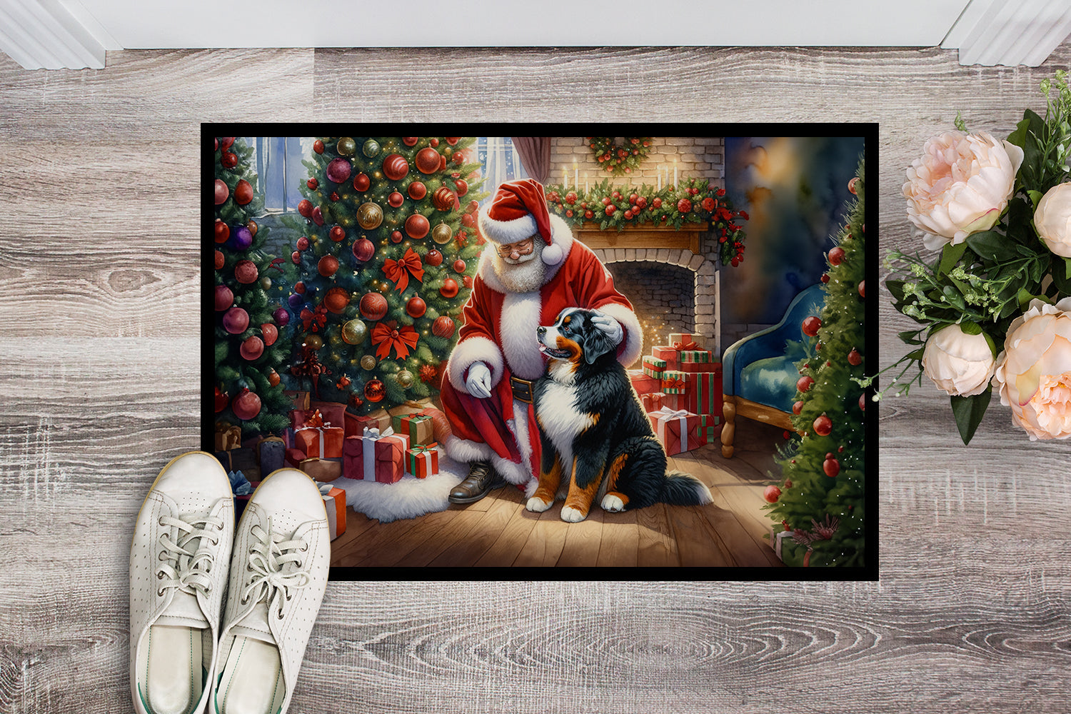 Bernese Mountain Dog and Santa Claus Doormat Indoor Outdoor 18H X 27W Front Door Mat Rugs for Entryway, Non Slip Washable