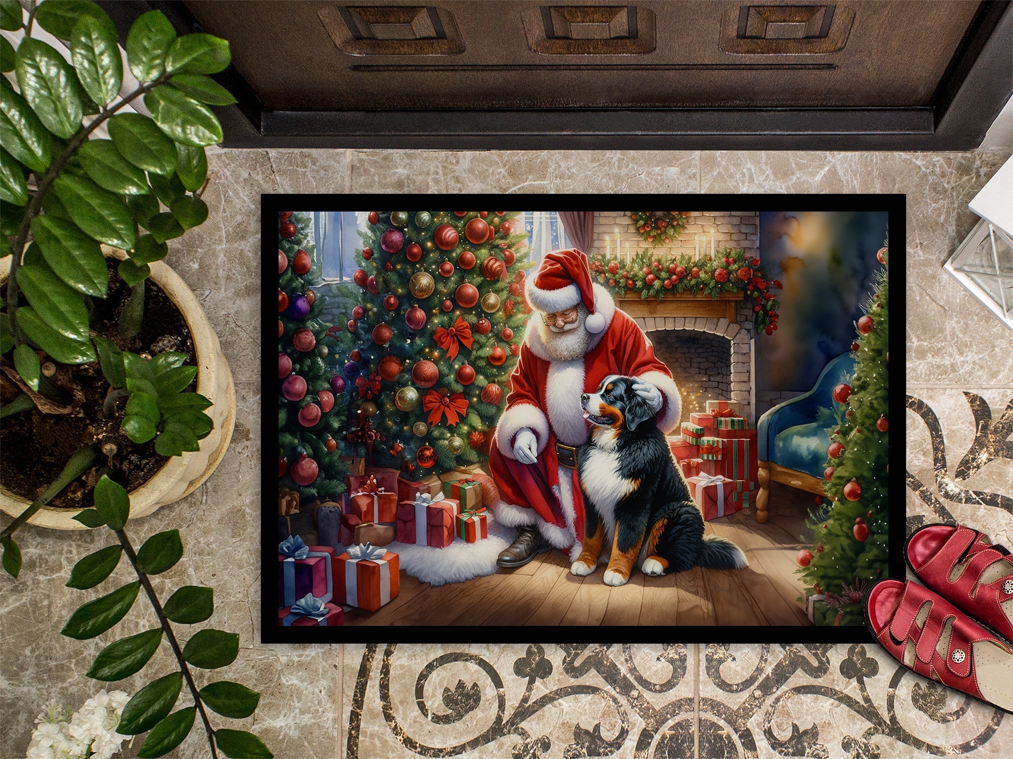 Bernese Mountain Dog and Santa Claus Doormat Indoor Outdoor 18H X 27W Front Door Mat Rugs for Entryway, Non Slip Washable