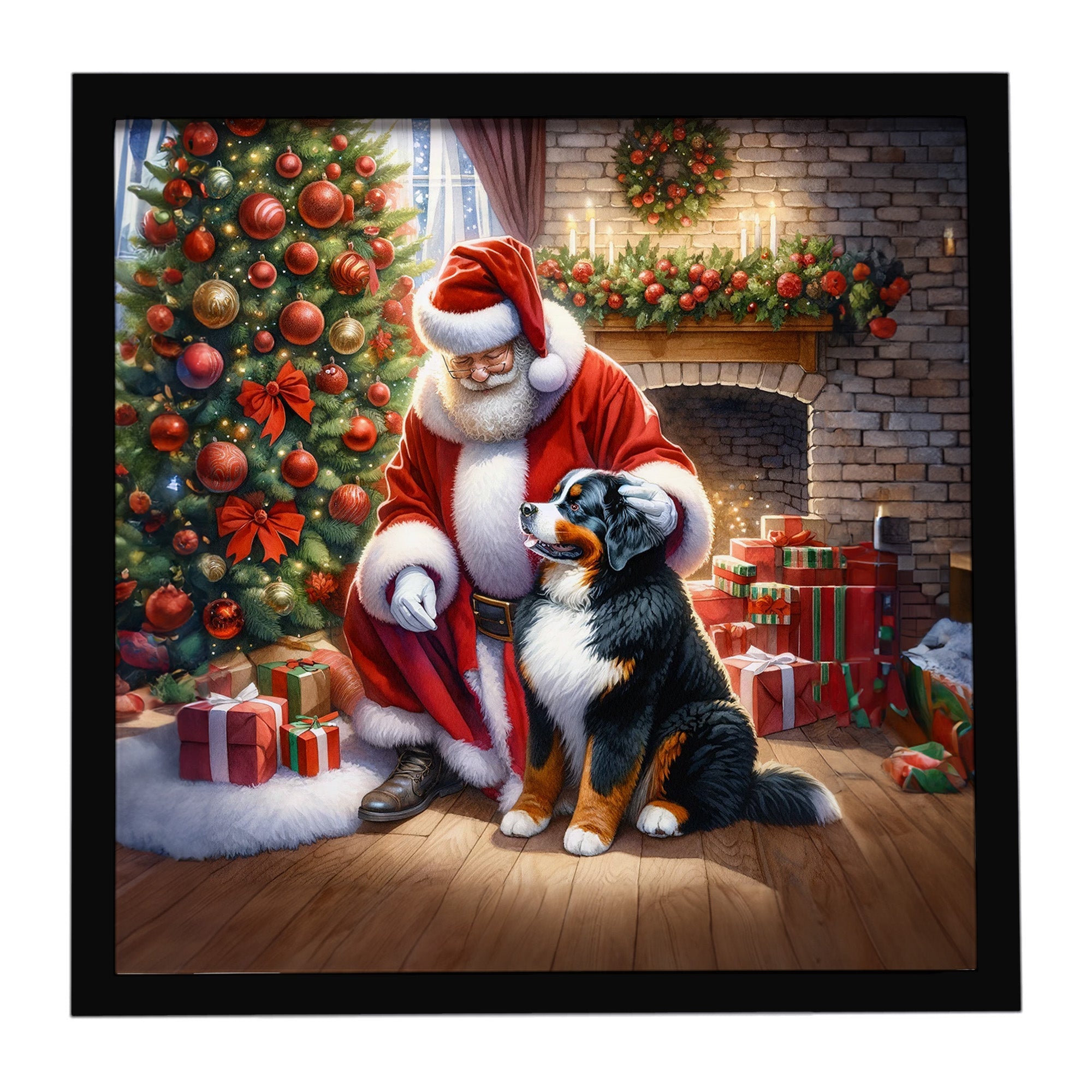Bernese Mountain Dog and Santa Claus Framed Metal Print Bathroom, Kitchen, Office, Home Decor Wall Art Ready to Hang, Square, 8X8
