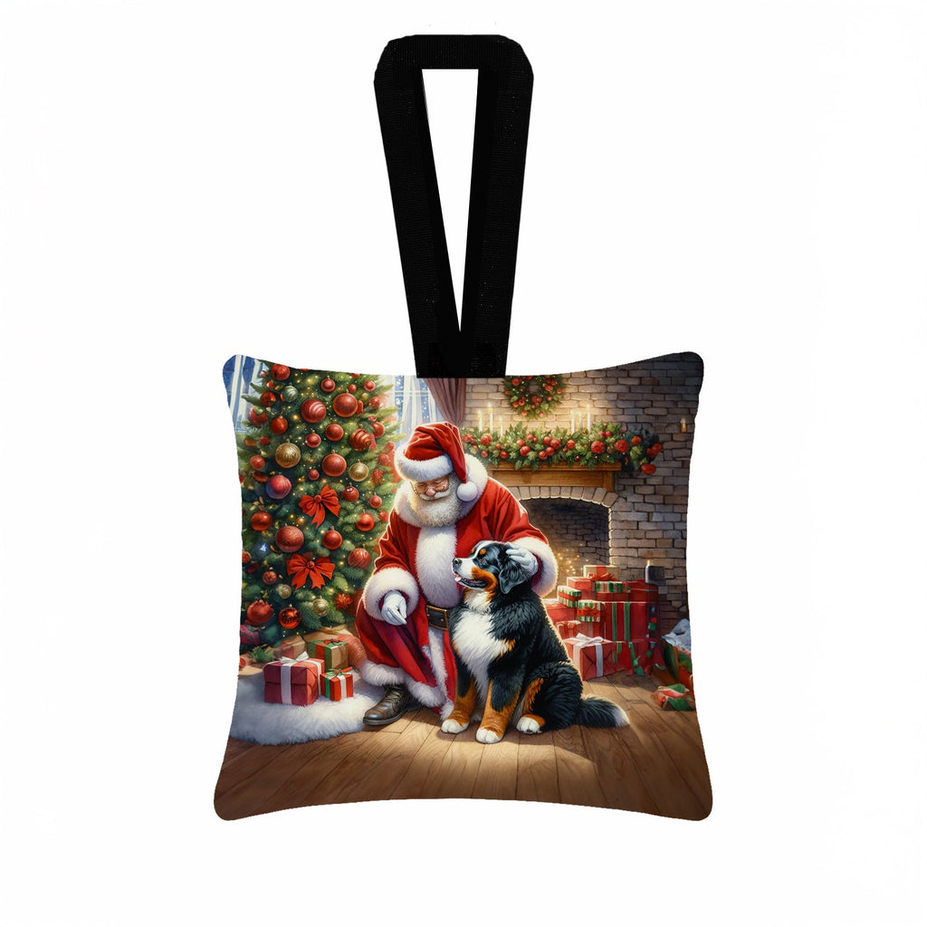 Bernese Mountain Dog and Santa Claus Hanging Square Fabric Ornament 3.5 × 3.5 Decorative Door-Knob & Tree Hanger, Soft Fabric