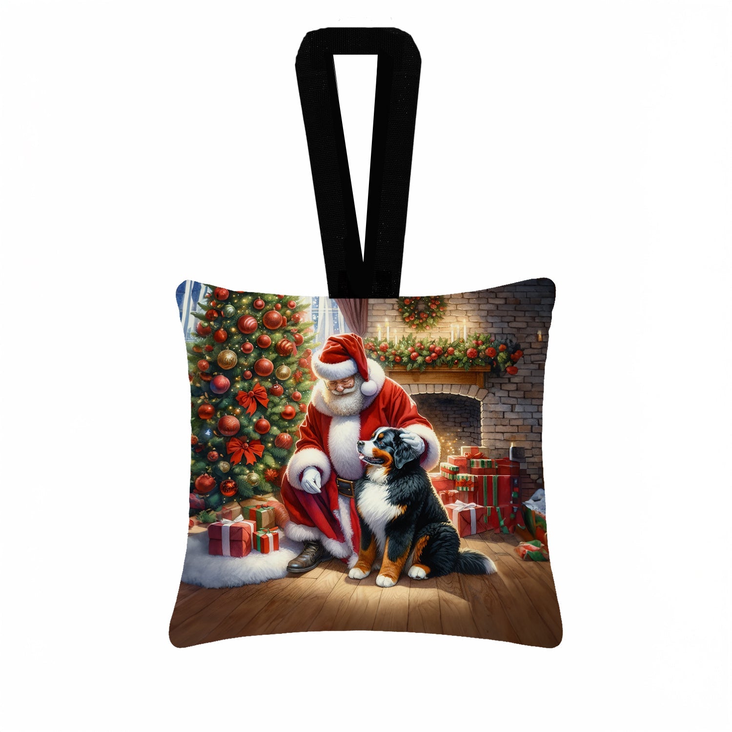 Bernese Mountain Dog and Santa Claus Hanging Square Fabric Ornament 3.5 × 3.5 Decorative Door-Knob & Tree Hanger, Soft Fabric