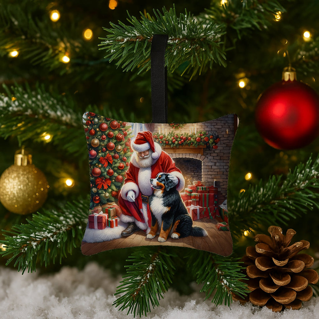 Bernese Mountain Dog and Santa Claus Hanging Square Fabric Ornament 3.5 × 3.5 Decorative Door-Knob & Tree Hanger, Soft Fabric