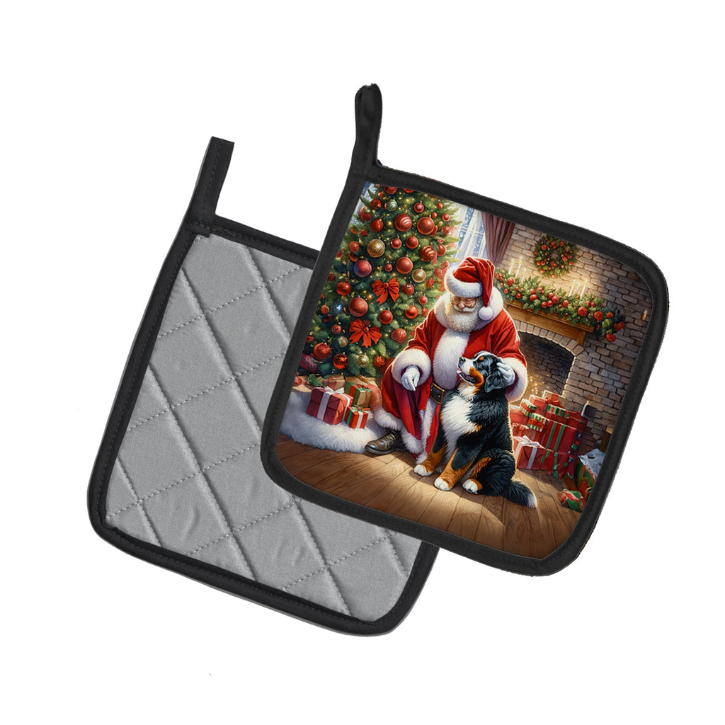 Bernese Mountain Dog and Santa Claus Pot Holder Set of 2 Heat Resistant Quilted Hot Pads 7.5 x 7.5 Inch, Insulated Kitchen Trivets for Cooking & Baking