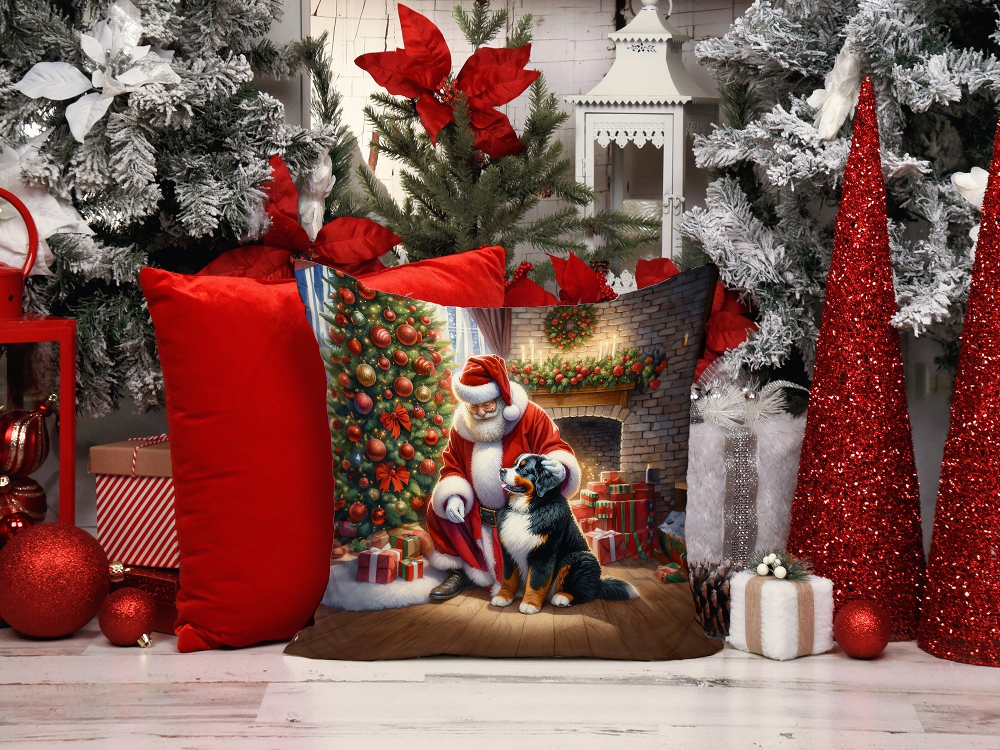 Bernese Mountain Dog and Santa Claus Decorative Throw Pillow 14x14 Indoor Outdoor Accent Cushion, Fabric Cover with Insert for Sofa, Bed, Porch & Living Room