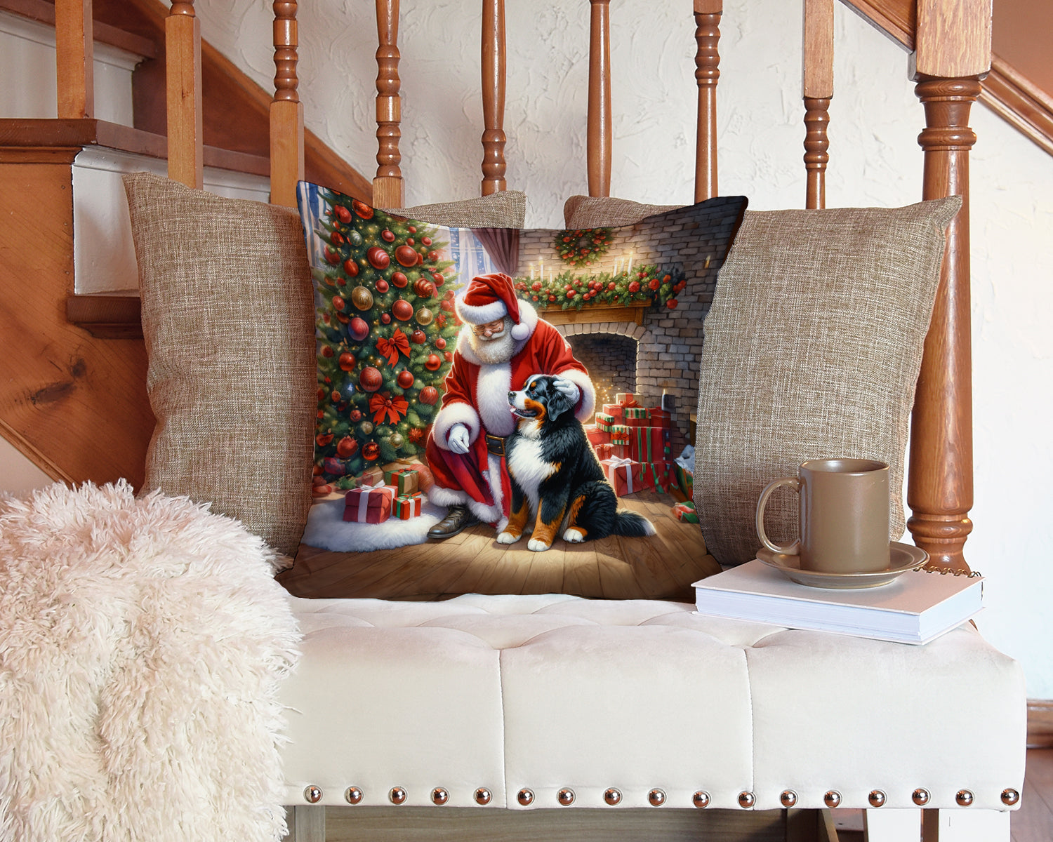 Bernese Mountain Dog and Santa Claus Decorative Throw Pillow 14x14 Indoor Outdoor Accent Cushion, Fabric Cover with Insert for Sofa, Bed, Porch & Living Room