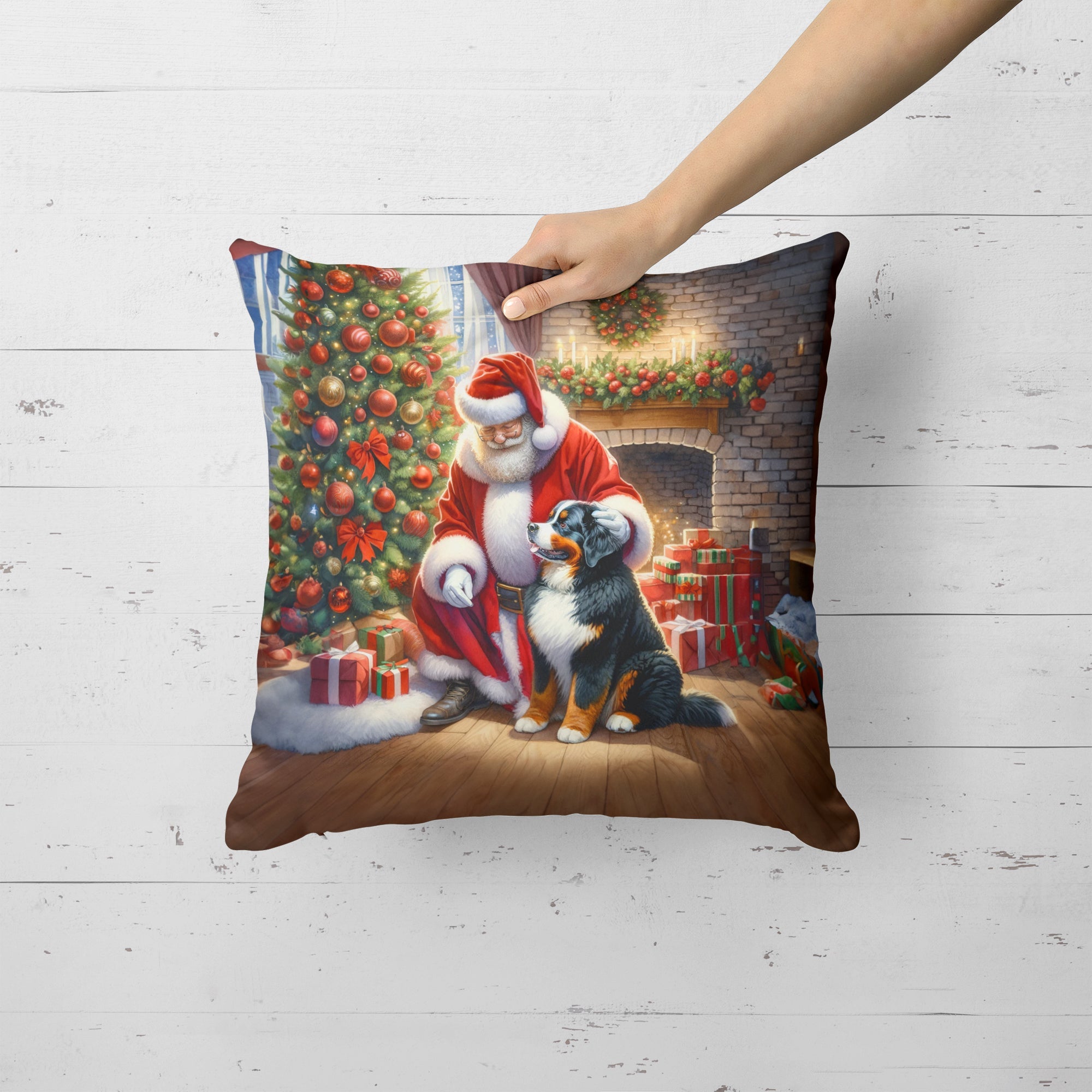 Bernese Mountain Dog and Santa Claus Decorative Throw Pillow 18x18 Indoor Outdoor Accent Cushion, Fabric Cover with Insert for Sofa, Bed, Porch & Living Room