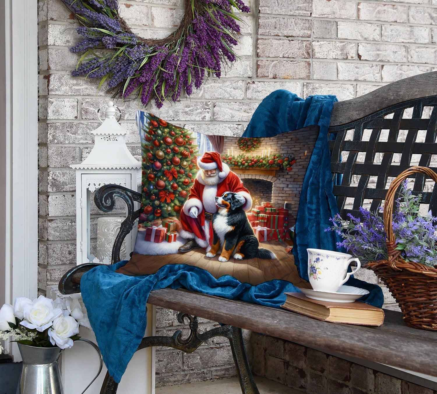 Bernese Mountain Dog and Santa Claus Decorative Throw Pillow 18x18 Indoor Outdoor Accent Cushion, Fabric Cover with Insert for Sofa, Bed, Porch & Living Room
