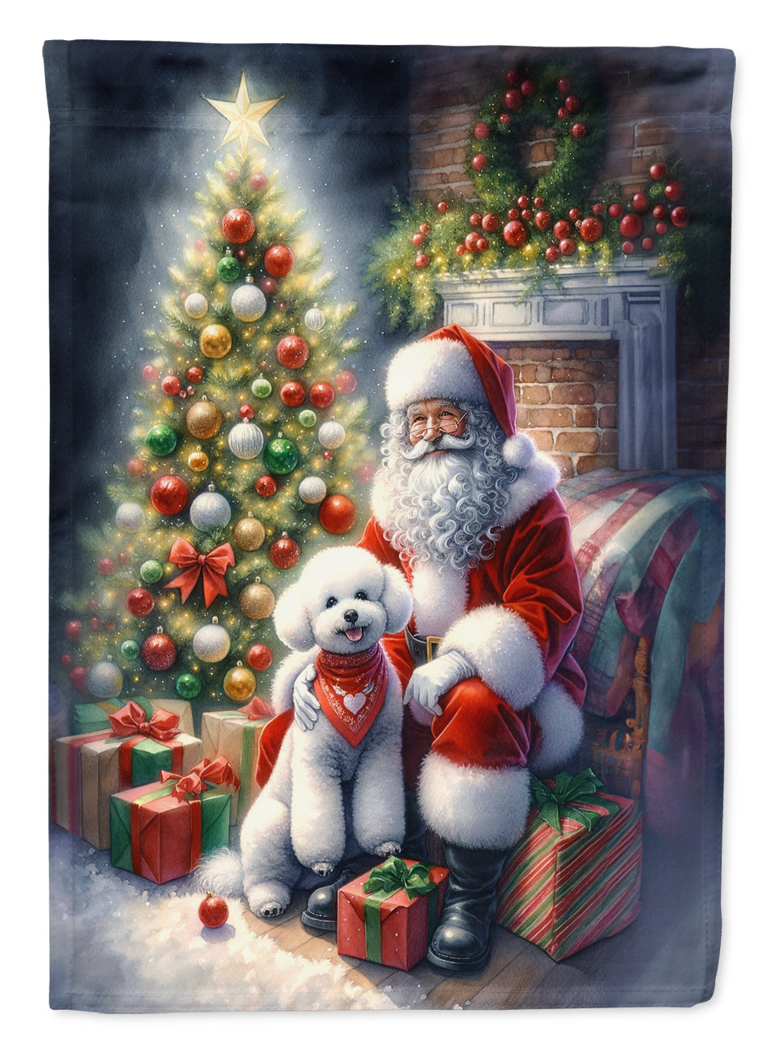 Bichon Frise and Santa Claus House Flag 28x40 Porch Sleeve Pole Decorative Outside Yard Banner Artwork Wall Hanging, Polyester
