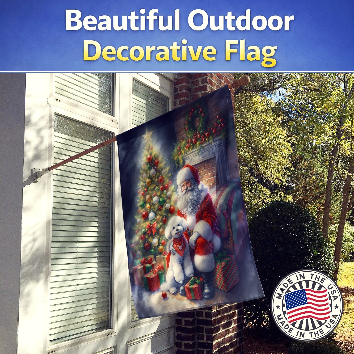 Bichon Frise and Santa Claus House Flag 28x40 Porch Sleeve Pole Decorative Outside Yard Banner Artwork Wall Hanging, Polyester
