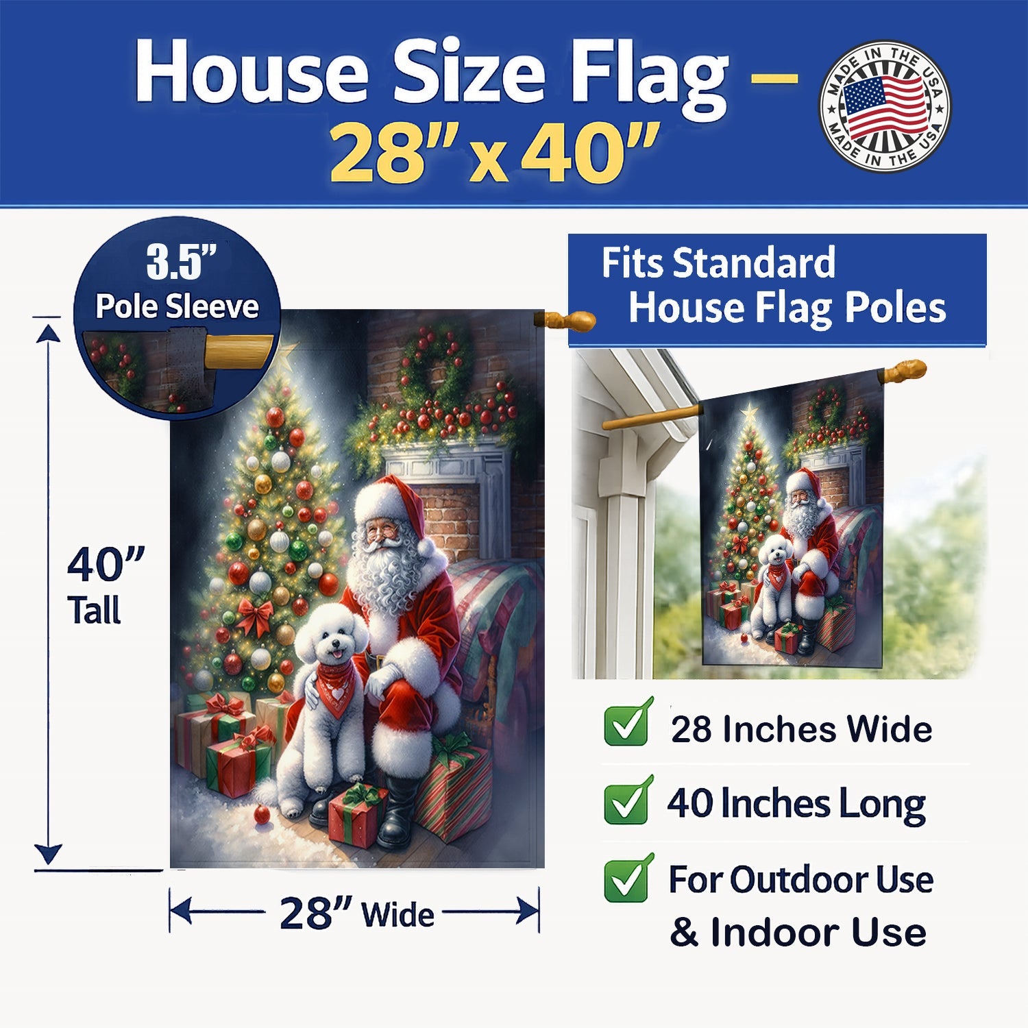 Bichon Frise and Santa Claus House Flag 28x40 Porch Sleeve Pole Decorative Outside Yard Banner Artwork Wall Hanging, Polyester