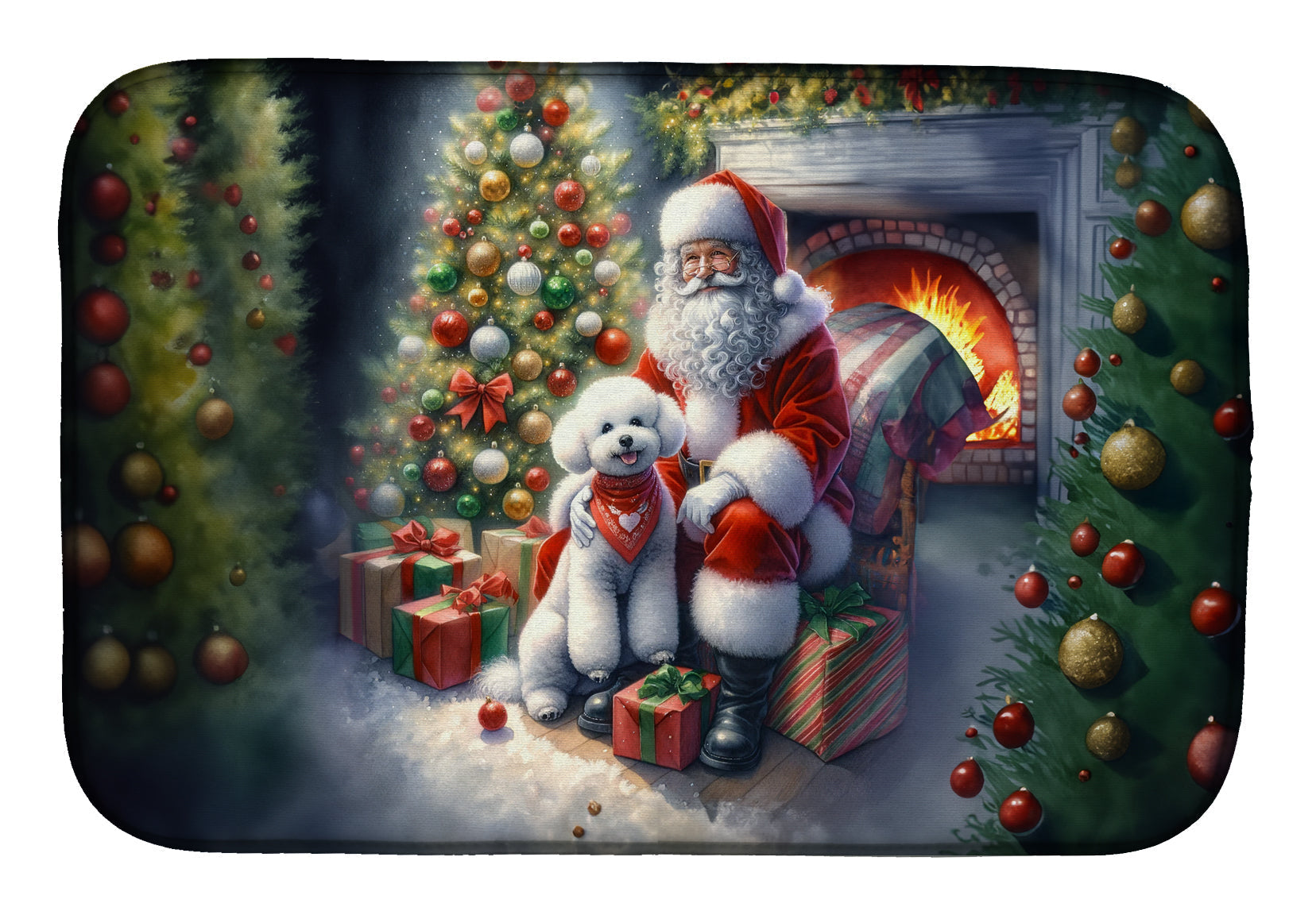 Bichon Frise and Santa Claus Dish Drying Mat Absorbent Dish Drying Mat Pad for Kitchen Counter Dish Drainer Mat for Countertop, 14 x 21", Multicolor