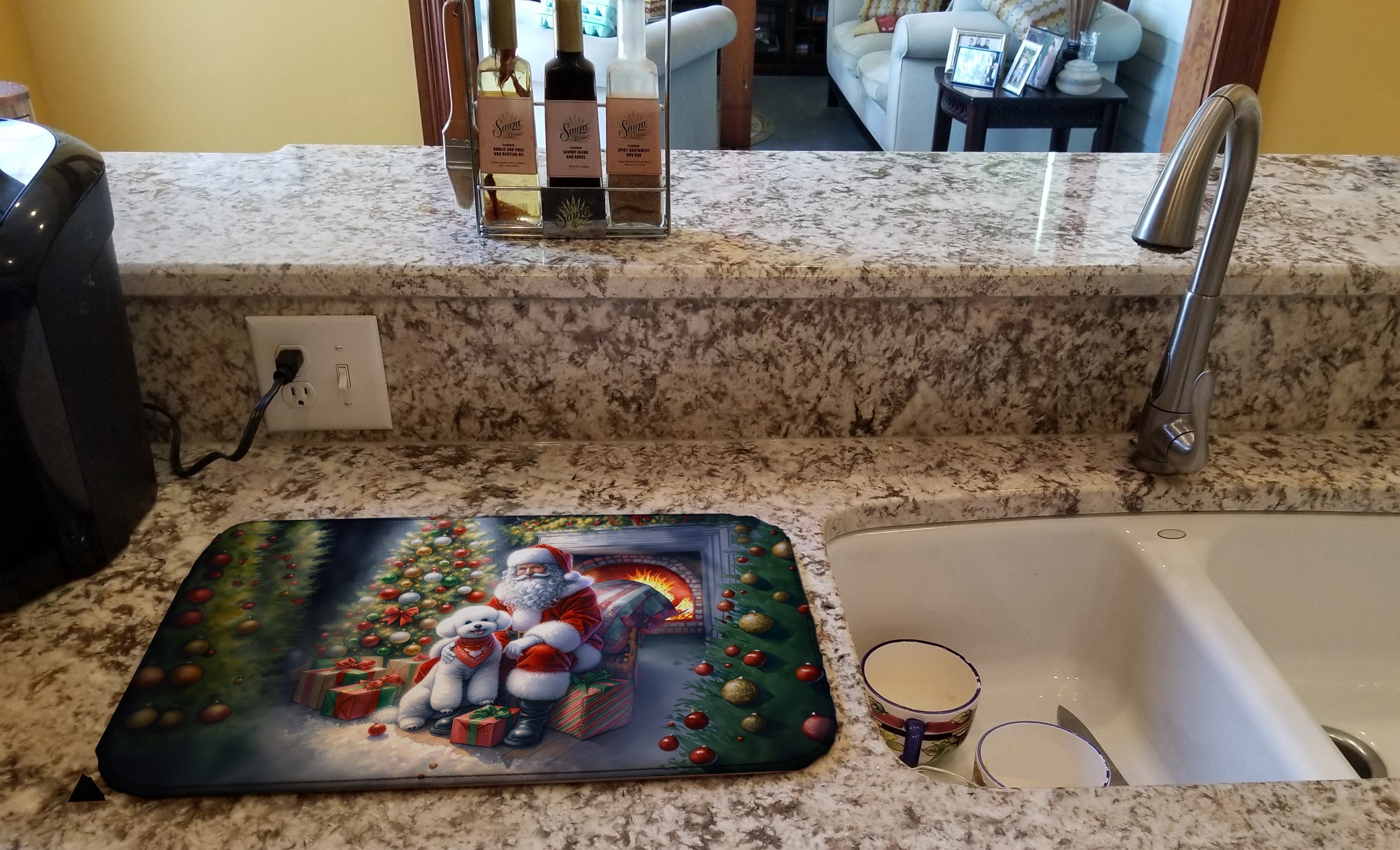 Bichon Frise and Santa Claus Dish Drying Mat Absorbent Dish Drying Mat Pad for Kitchen Counter Dish Drainer Mat for Countertop, 14 x 21", Multicolor