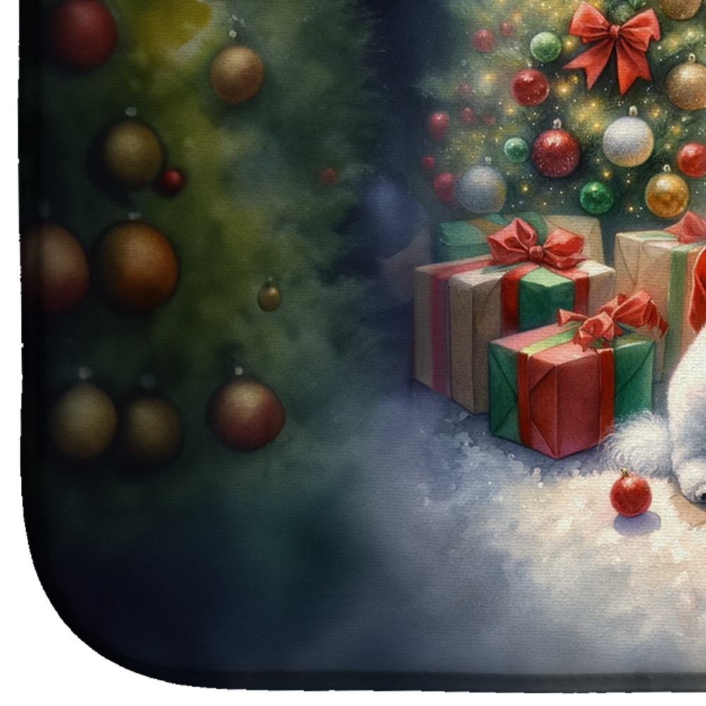 Bichon Frise and Santa Claus Dish Drying Mat Absorbent Dish Drying Mat Pad for Kitchen Counter Dish Drainer Mat for Countertop, 14 x 21", Multicolor