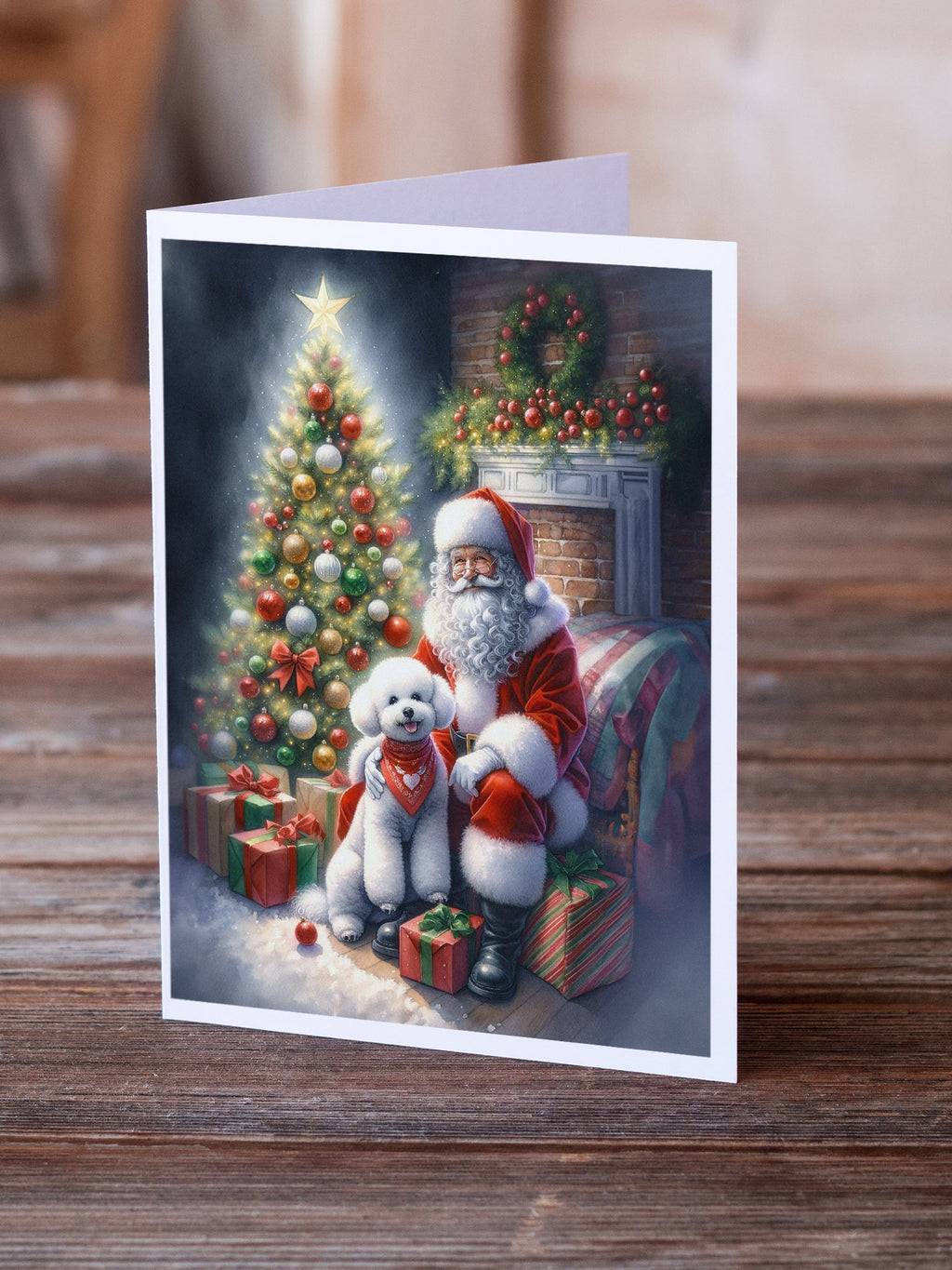 Bichon Frise and Santa Claus Greeting Cards Pack of 8 Blank Cards with Envelopes Whimsical A7 Size 5x7